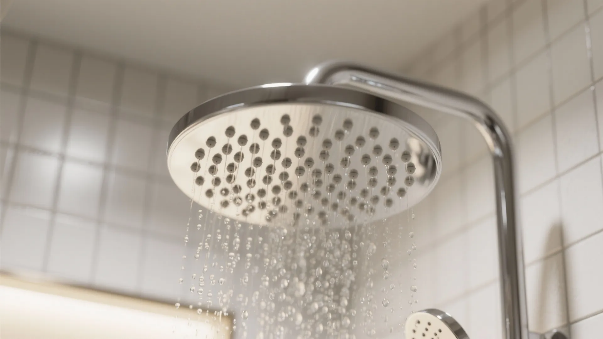 Close up view of chrome round shower head with water flowing against white tiled wall