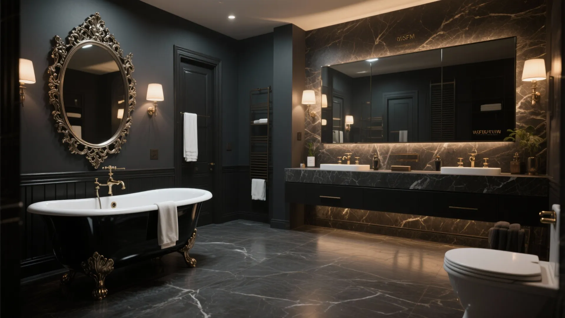 Luxury black bathroom featuring a clawfoot tub, marble vanity, ornate mirror, and warm wall lights