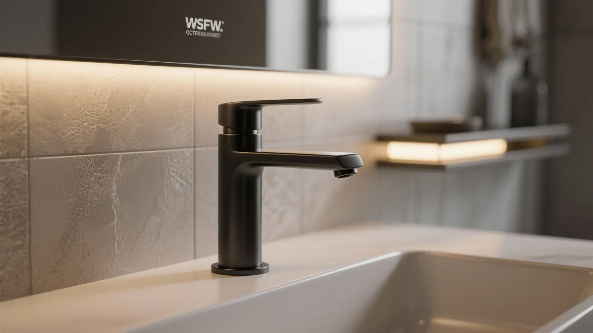 Modern black water tap on white sink with textured wall tiles and a lighted mirror