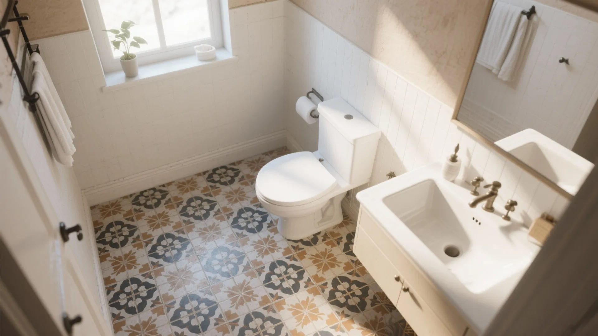 Bathroom interior with colorful patterned floor tiles white toilet sink cabinet window plant and walls