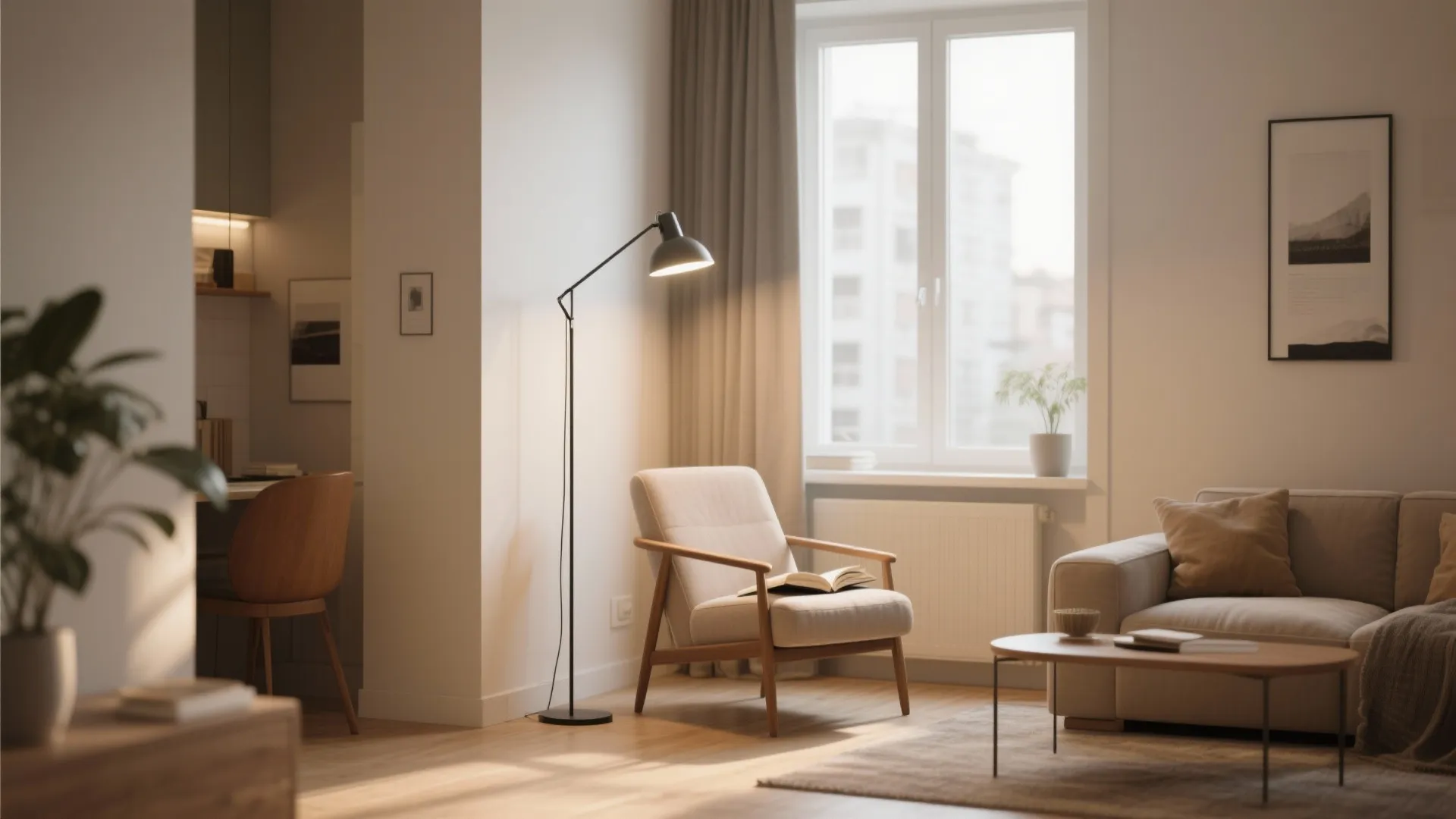 Modern living room with black floor lamp armchair sofa coffee table and window with natural light