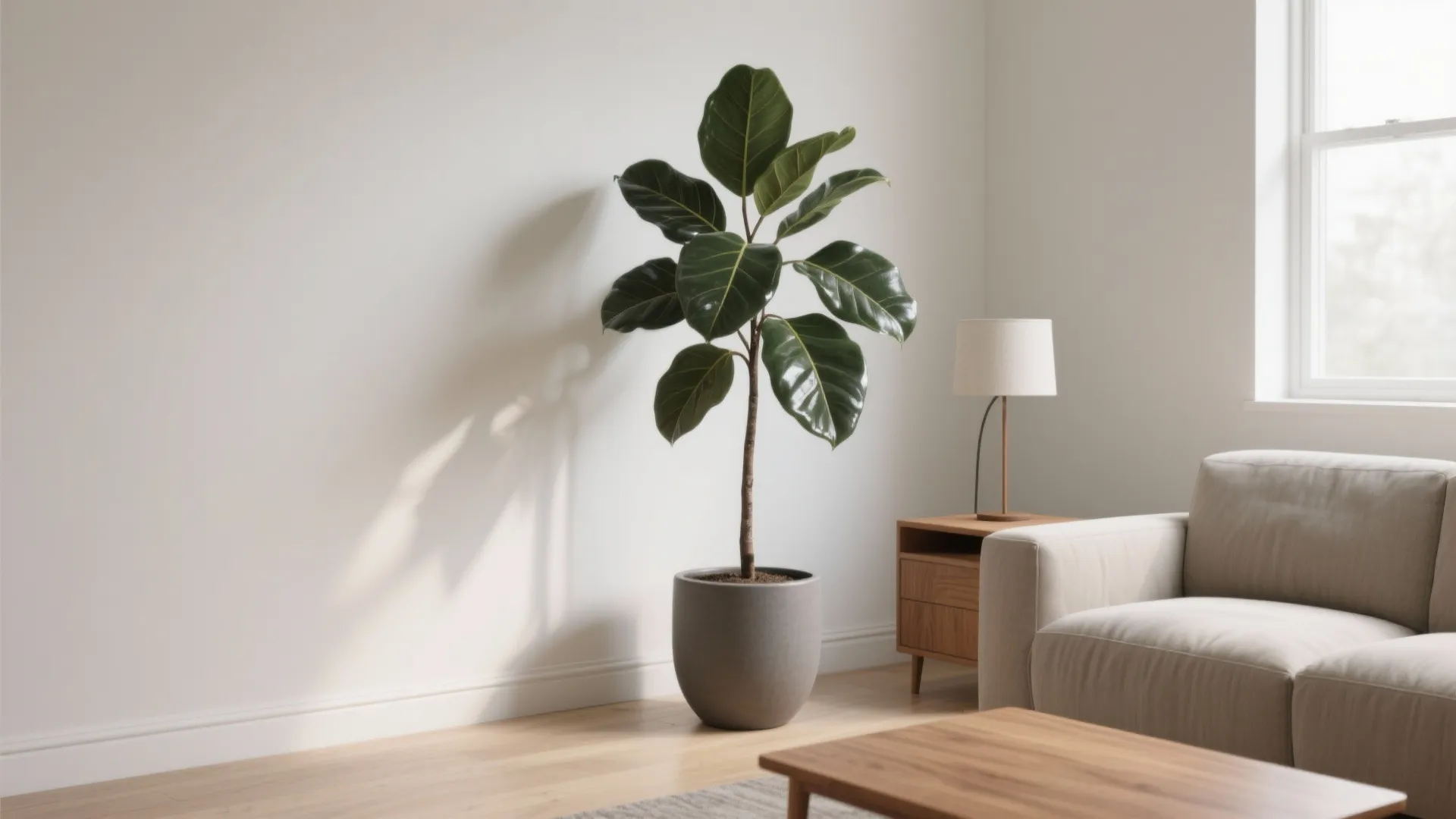 Large green indoor plant in grey pot placed near beige sofa and wooden side table