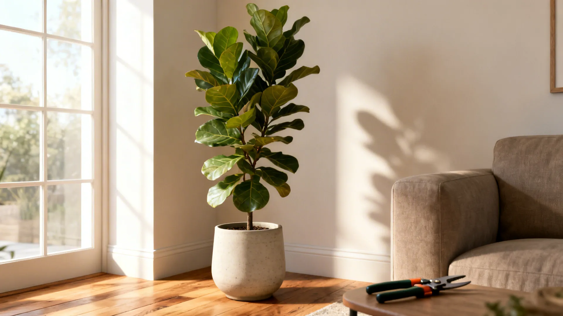 Living room corner with a tall fiddle-leaf-fig in a ceramic pot near a window, adding height and a focal point.