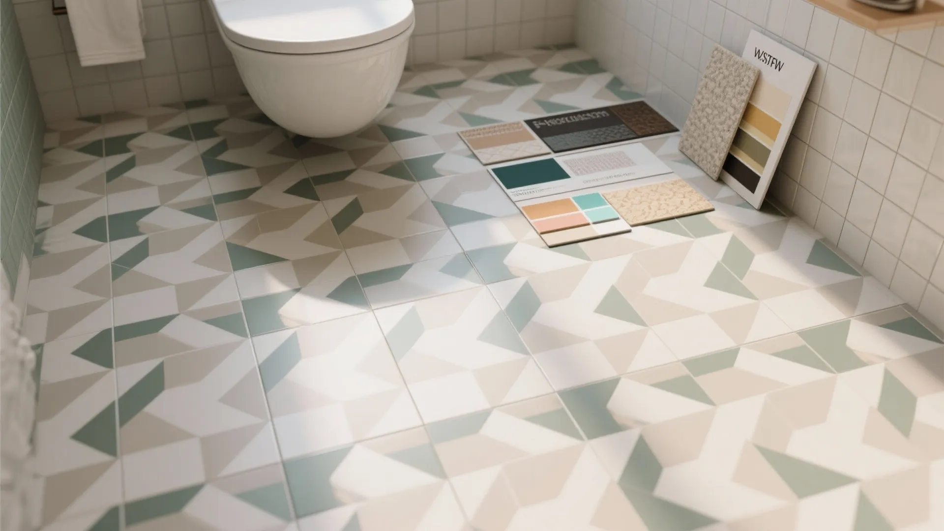 Modern bathroom floor with green and white pattern tiles next to a toilet and color samples