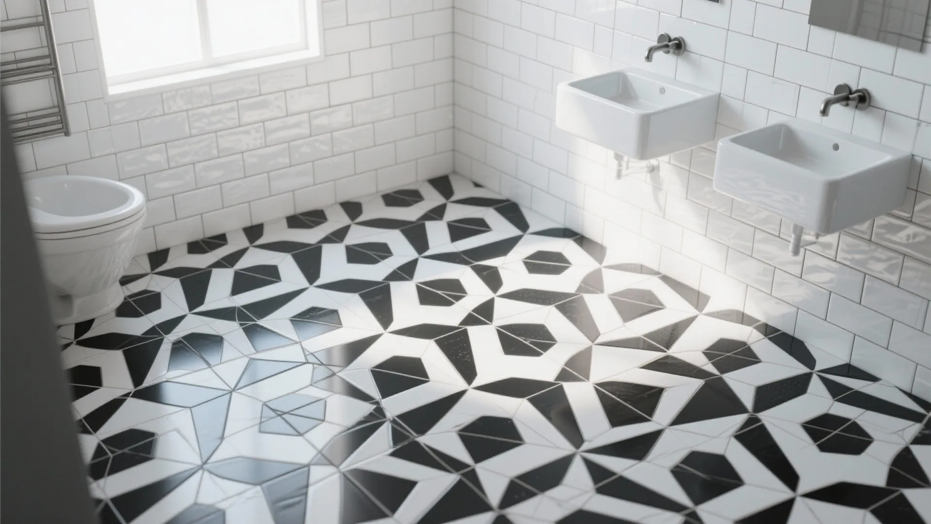 Bathroom featuring black and white geometric pattern floor tiles white brick walls and double sinks