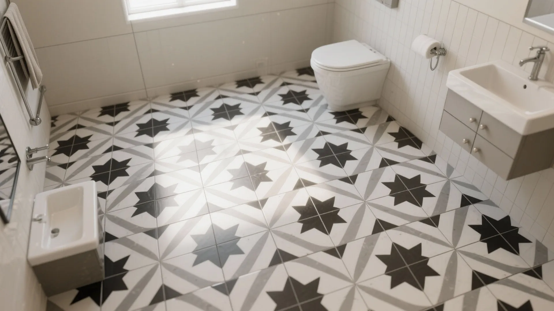 Modern bathroom with black and white star pattern floor tiles white toilet and grey cabinet