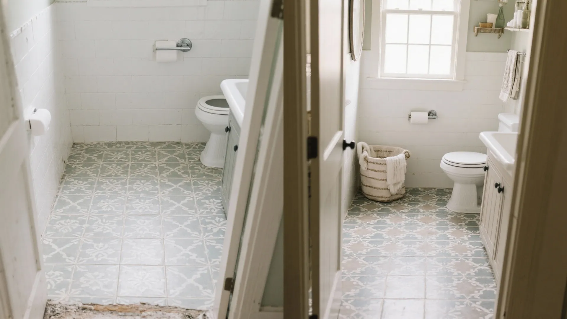 Side by side comparison of a bathroom with blue patterned tiles and white bathroom cabinets