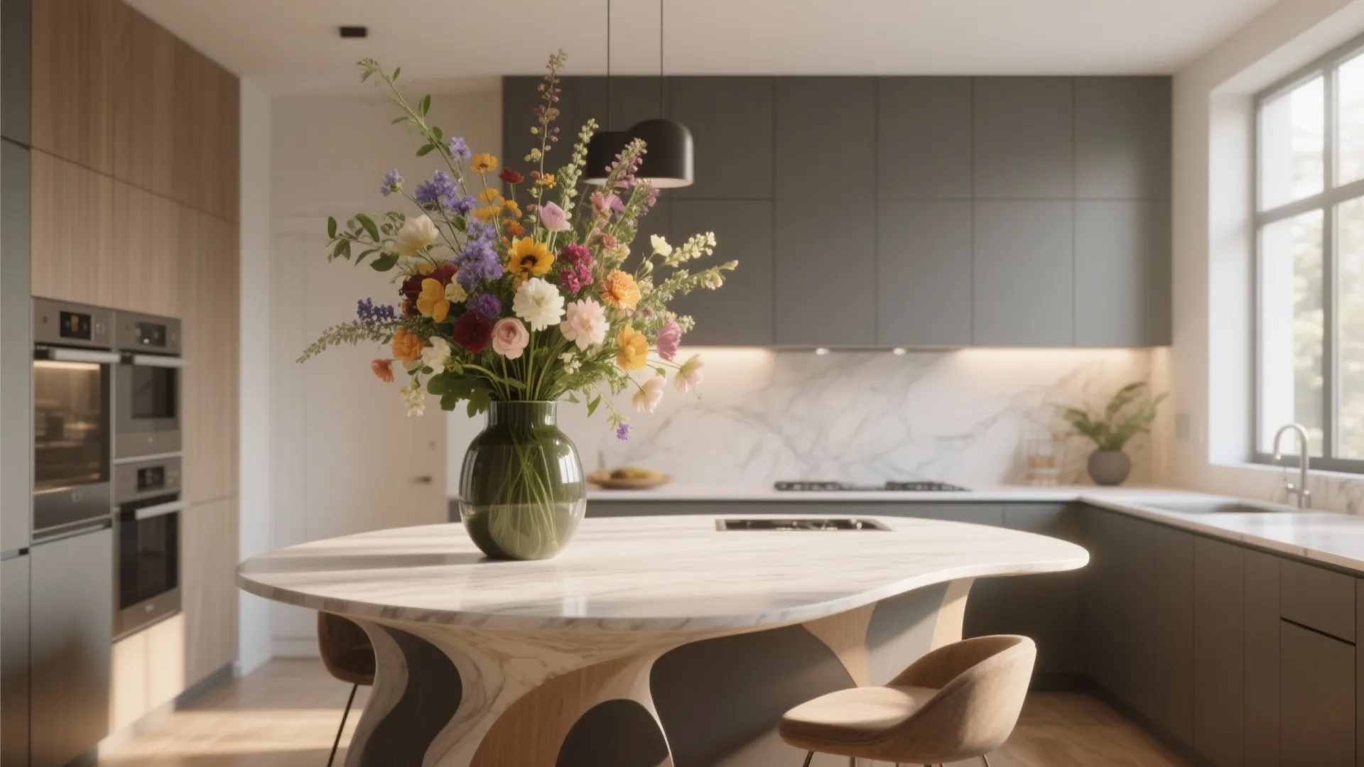 Large colorful flower arrangement in a green glass vase on a white marble kitchen island