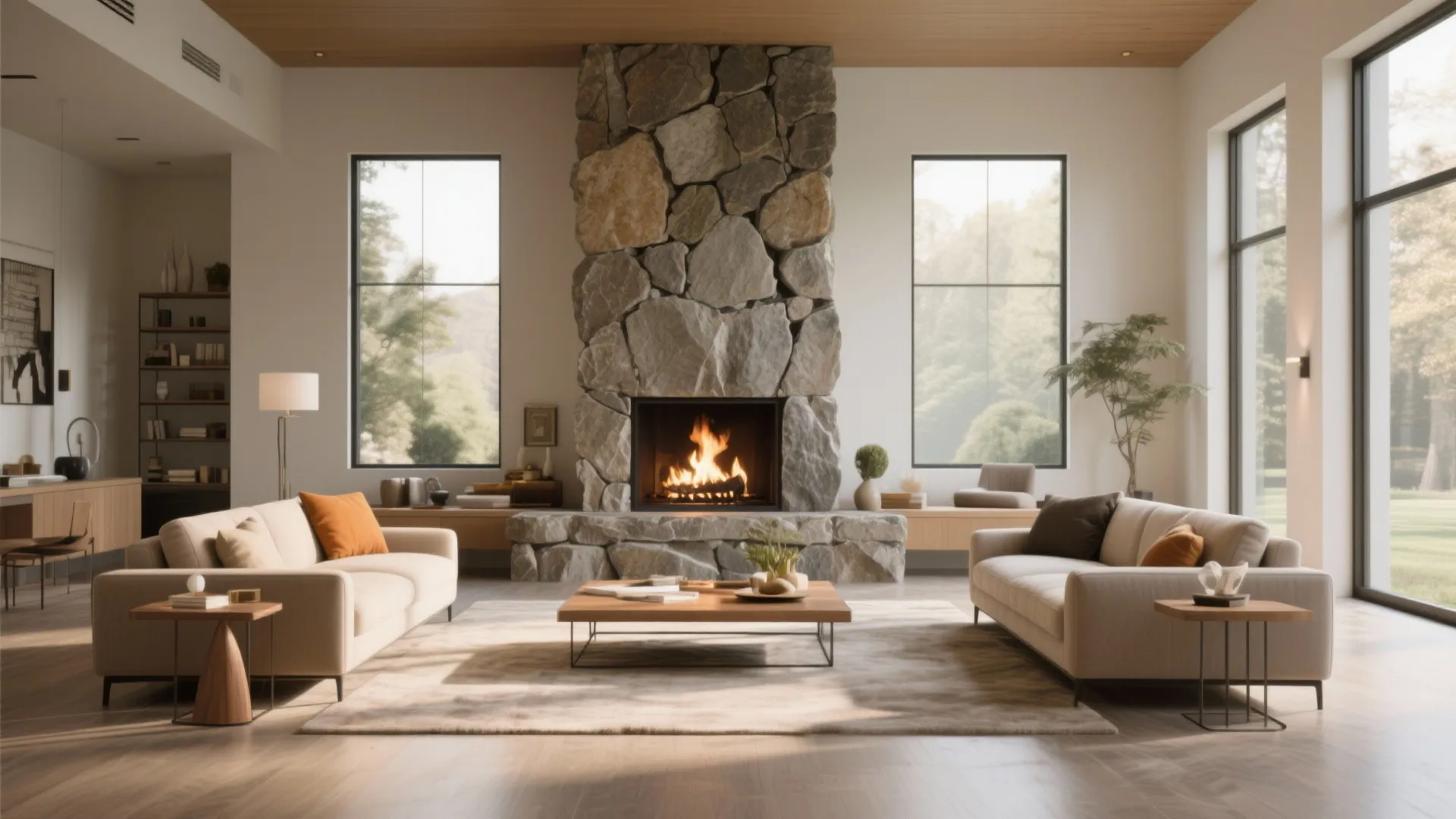 Large living room with tall stone fireplace two beige sofas wooden coffee table and rug