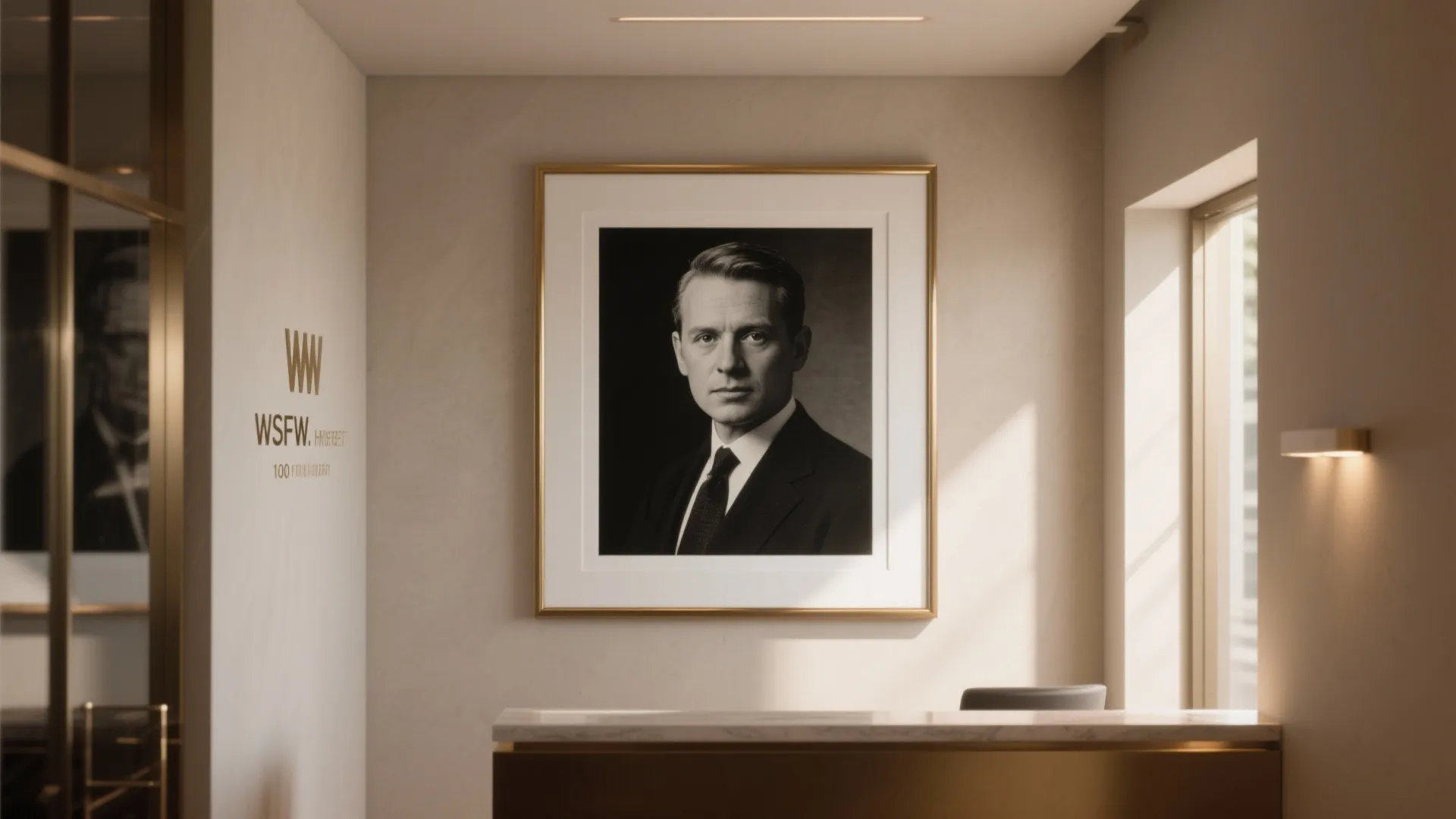 Elegant reception area with large gold frame portrait on white wall and marble counter desk