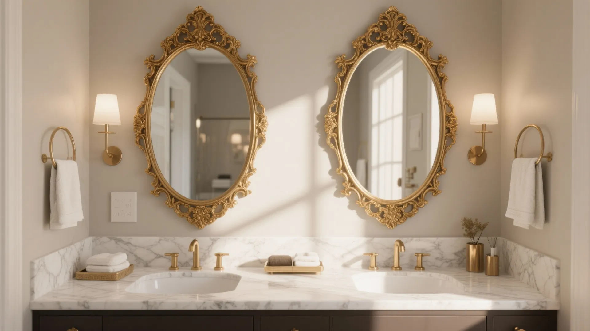 Classic bathroom featuring two gold oval mirrors above marble vanity with white sinks and wall lights