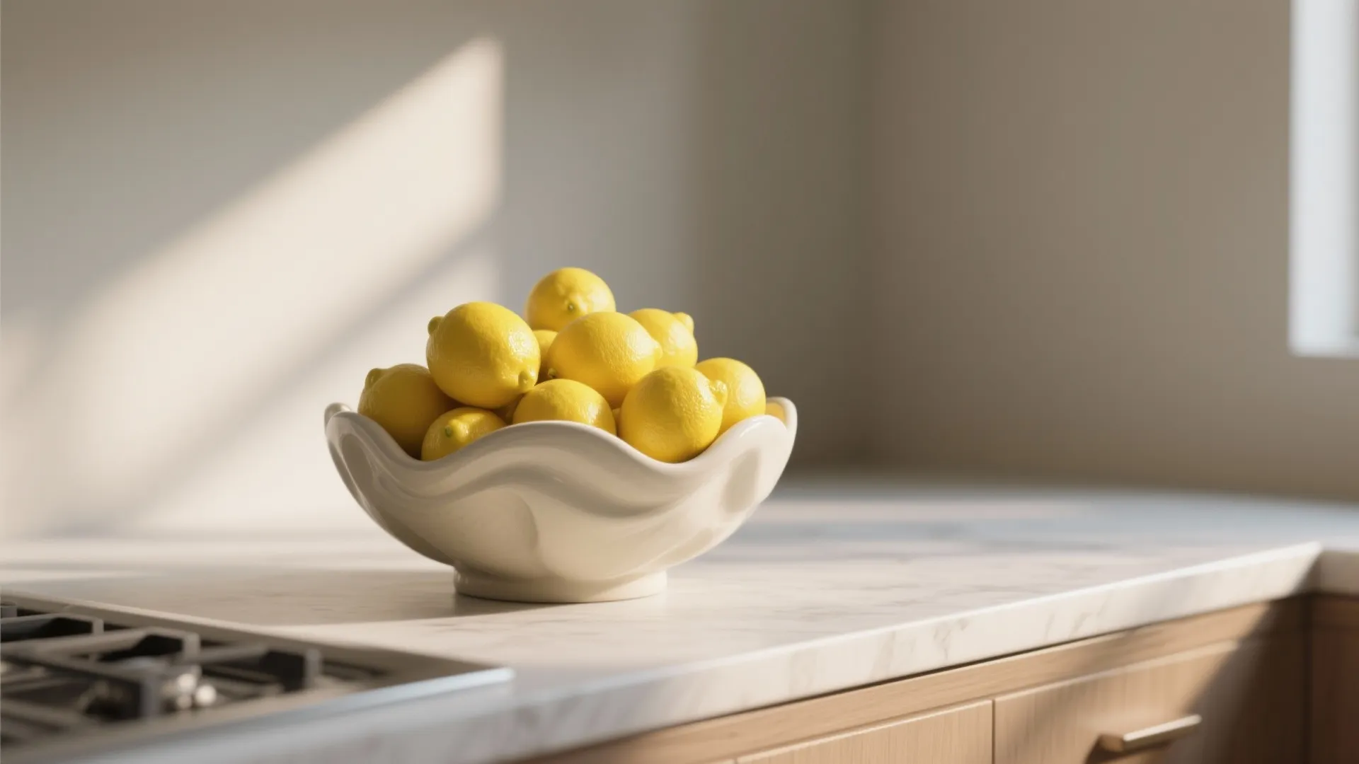 Ceramic bowl with bright lemons on a modern kitchen counter