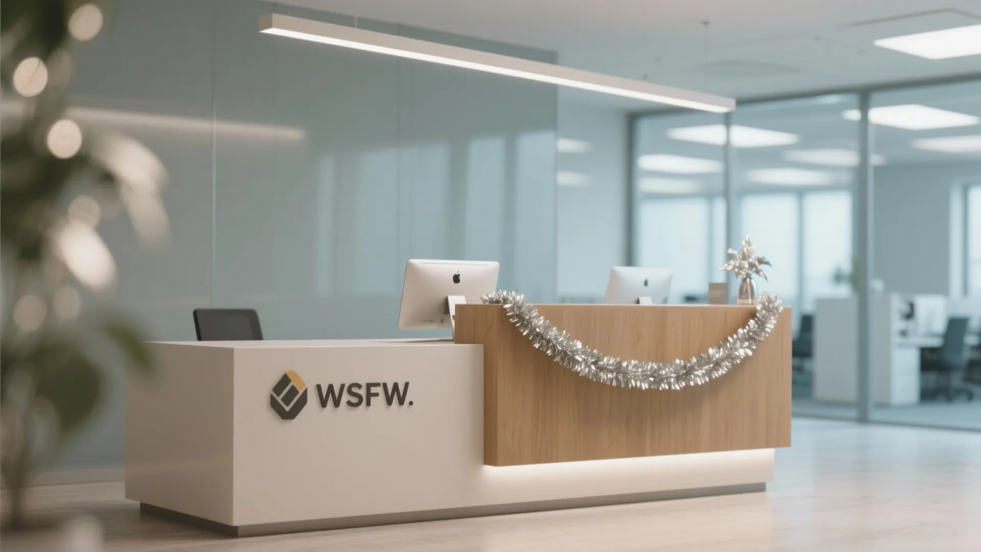 Modern office reception desk with wood paneling silver holiday garland computers and bright ceiling light