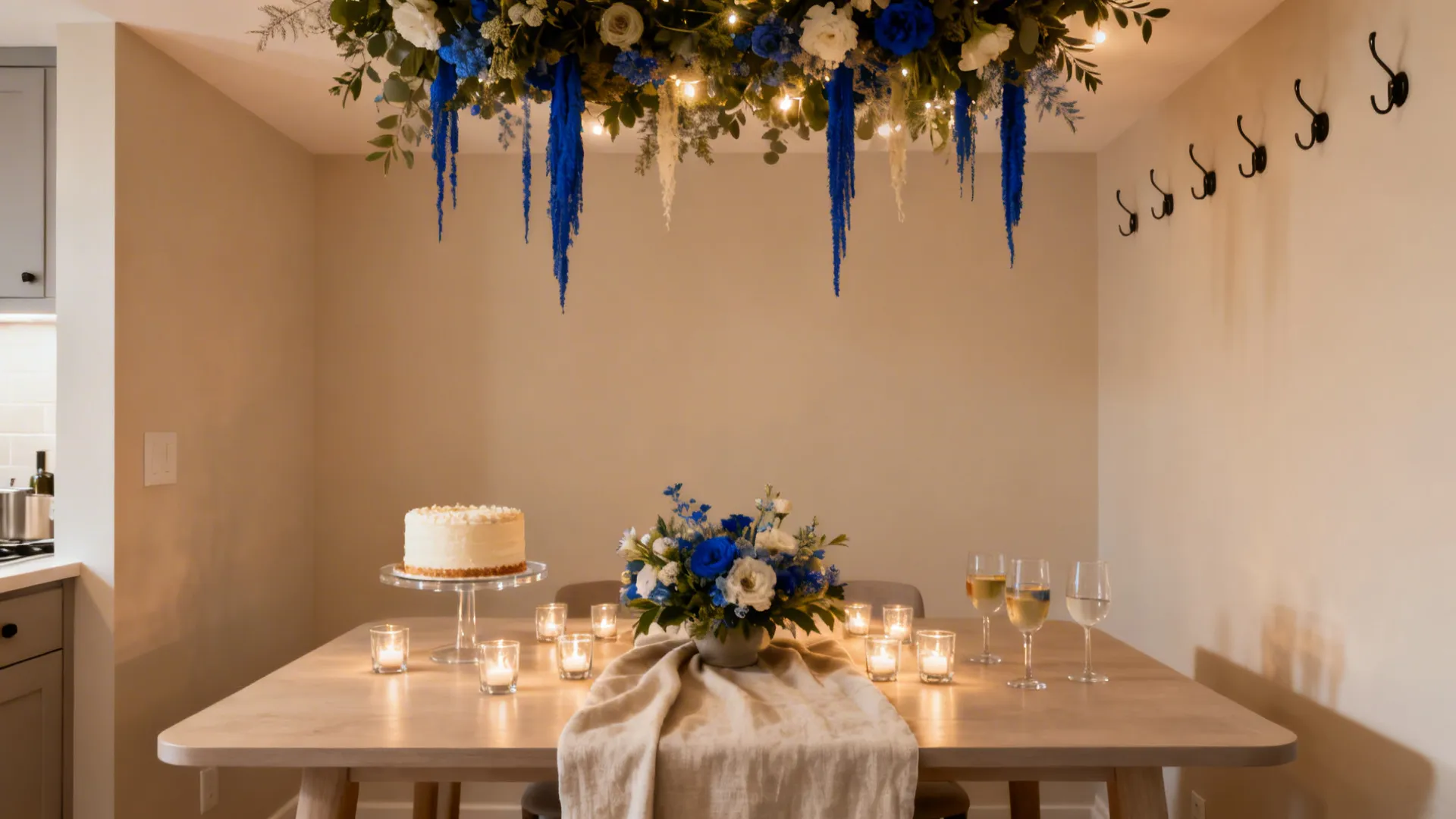 Ceiling garland above a minimal tablescape with a low centerpiece and clear surfaces.