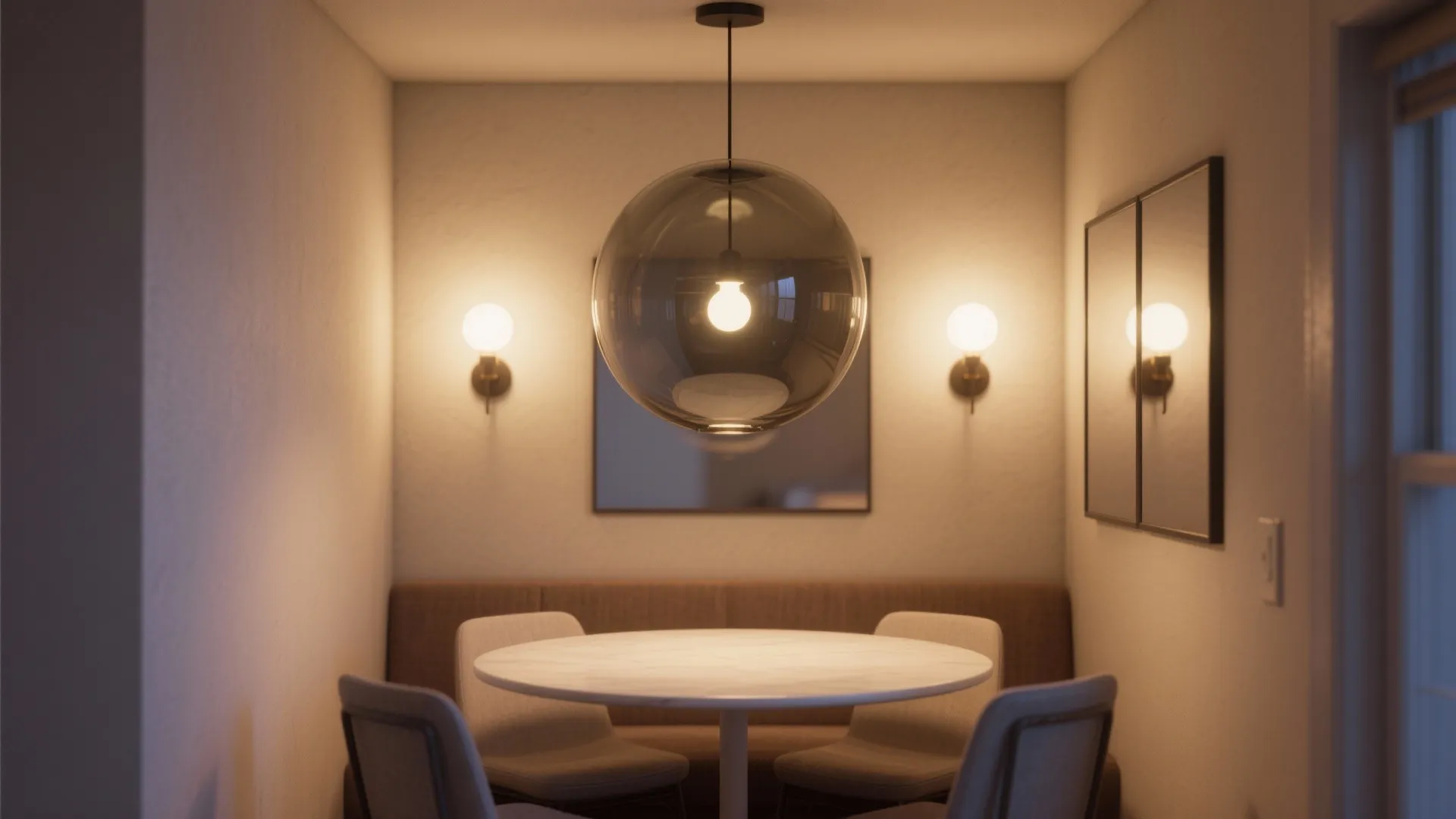 Large glass globe ceiling light over round marble table with two wall lights in background