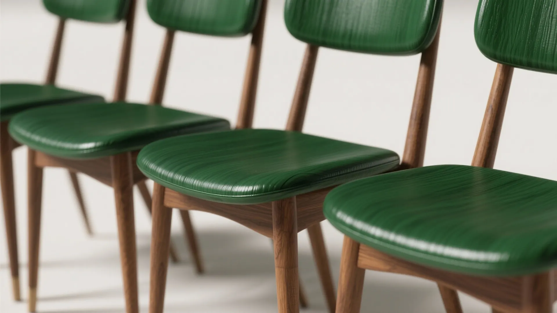 Close up of several wooden dining chairs with green textured seats in a row background