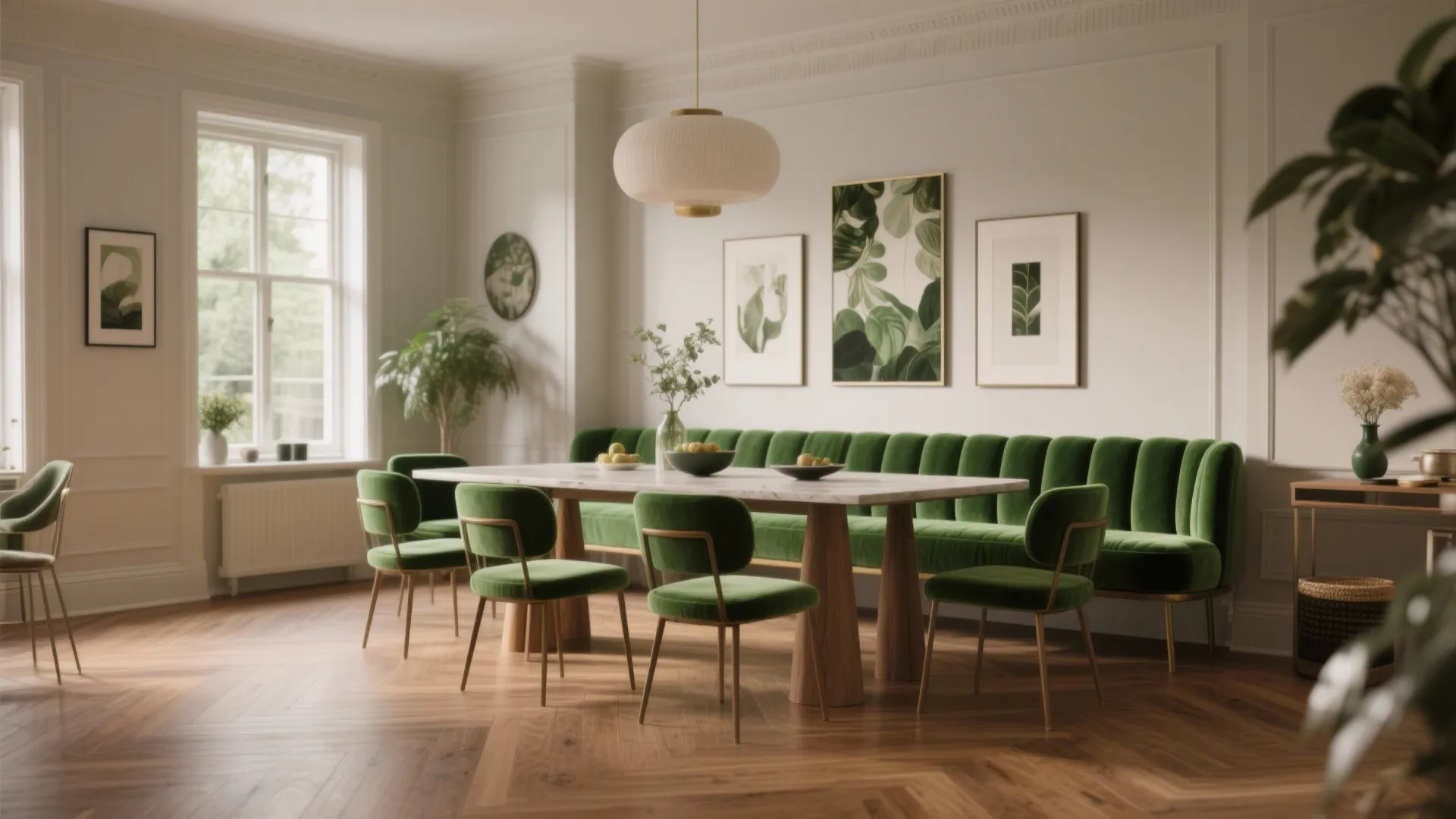 Dining room featuring marble table with long green sofa and green chairs on wood floor