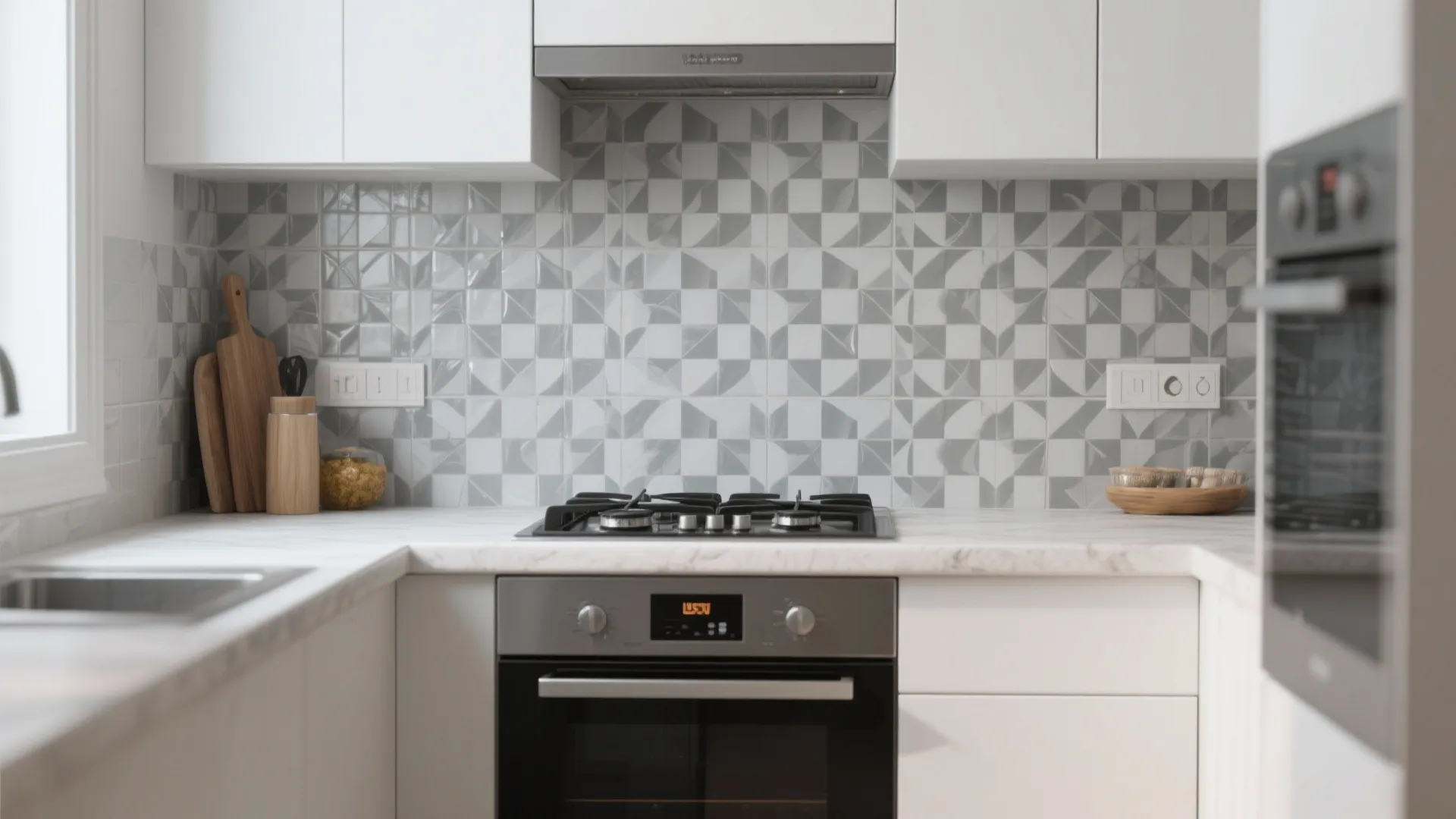 White kitchen with geometric grey wall tiles behind a gas stove and modern black oven