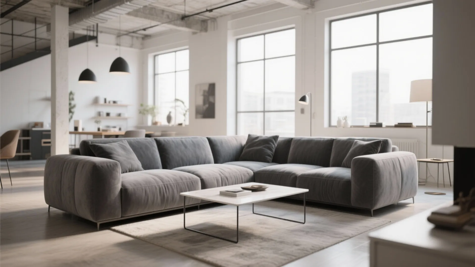 Plush grey sectional sofa in a modern loft living room