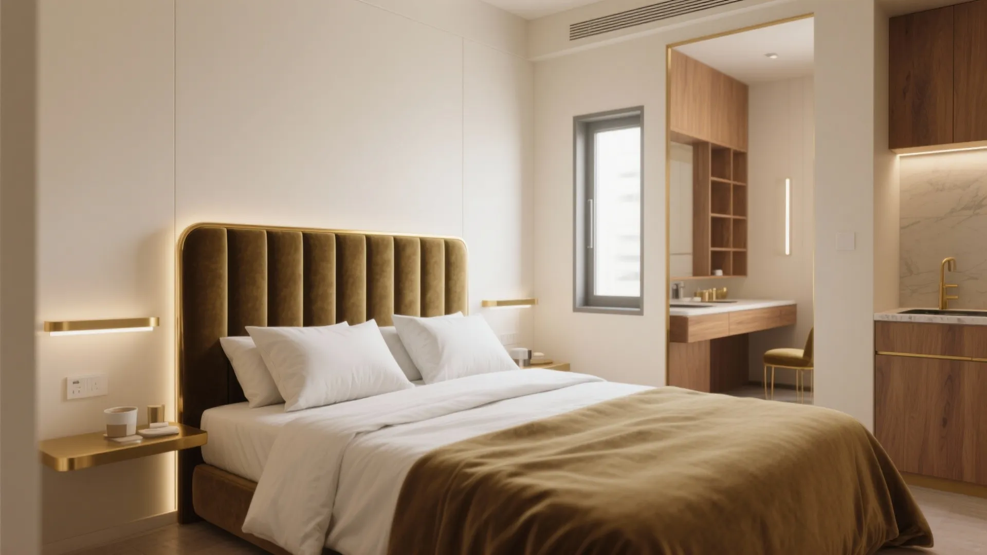 Modern bedroom with brown velvet bed headboard white bedding wood cabinets and integrated vanity desk