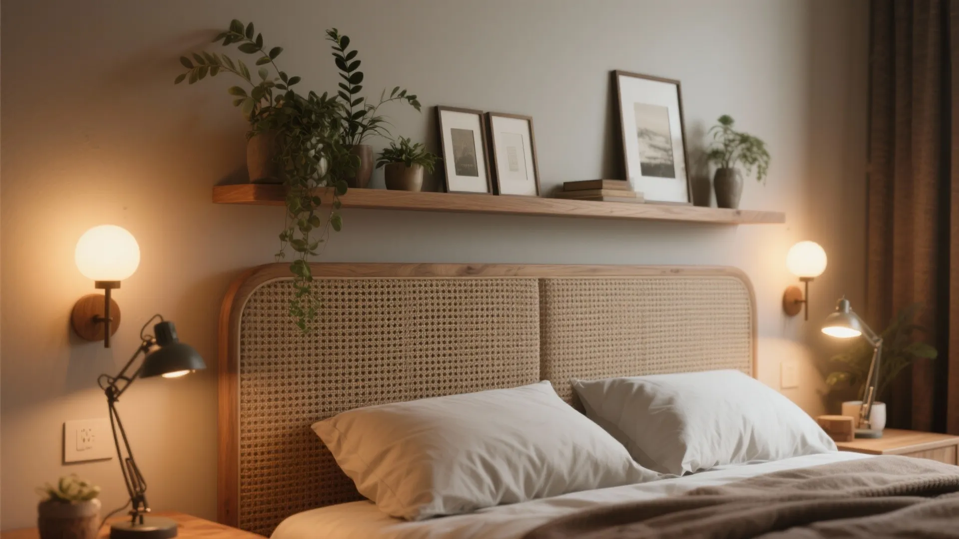 Bedroom interior featuring a woven headboard wooden wall shelf with plants and warm wall lights