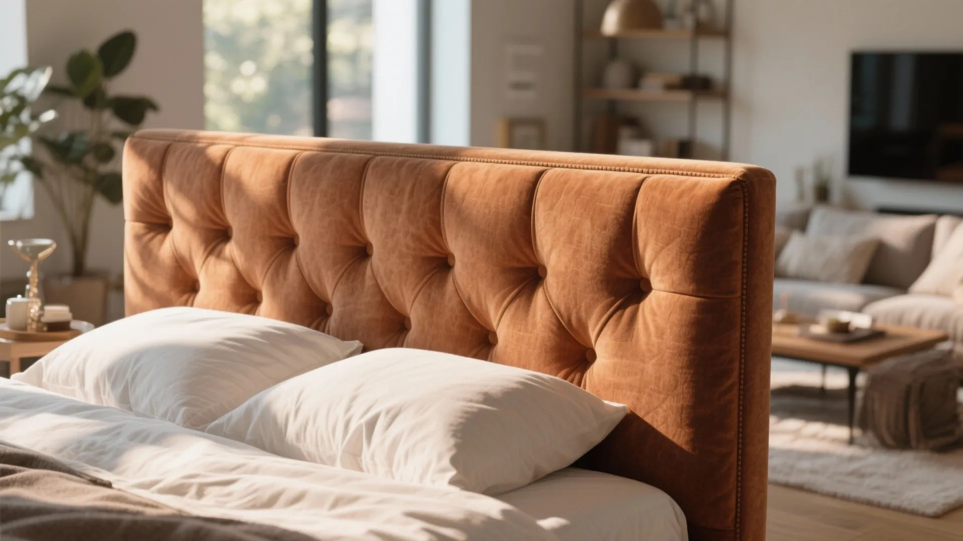 Close up of an orange tufted headboard with white pillows on a bed in a room