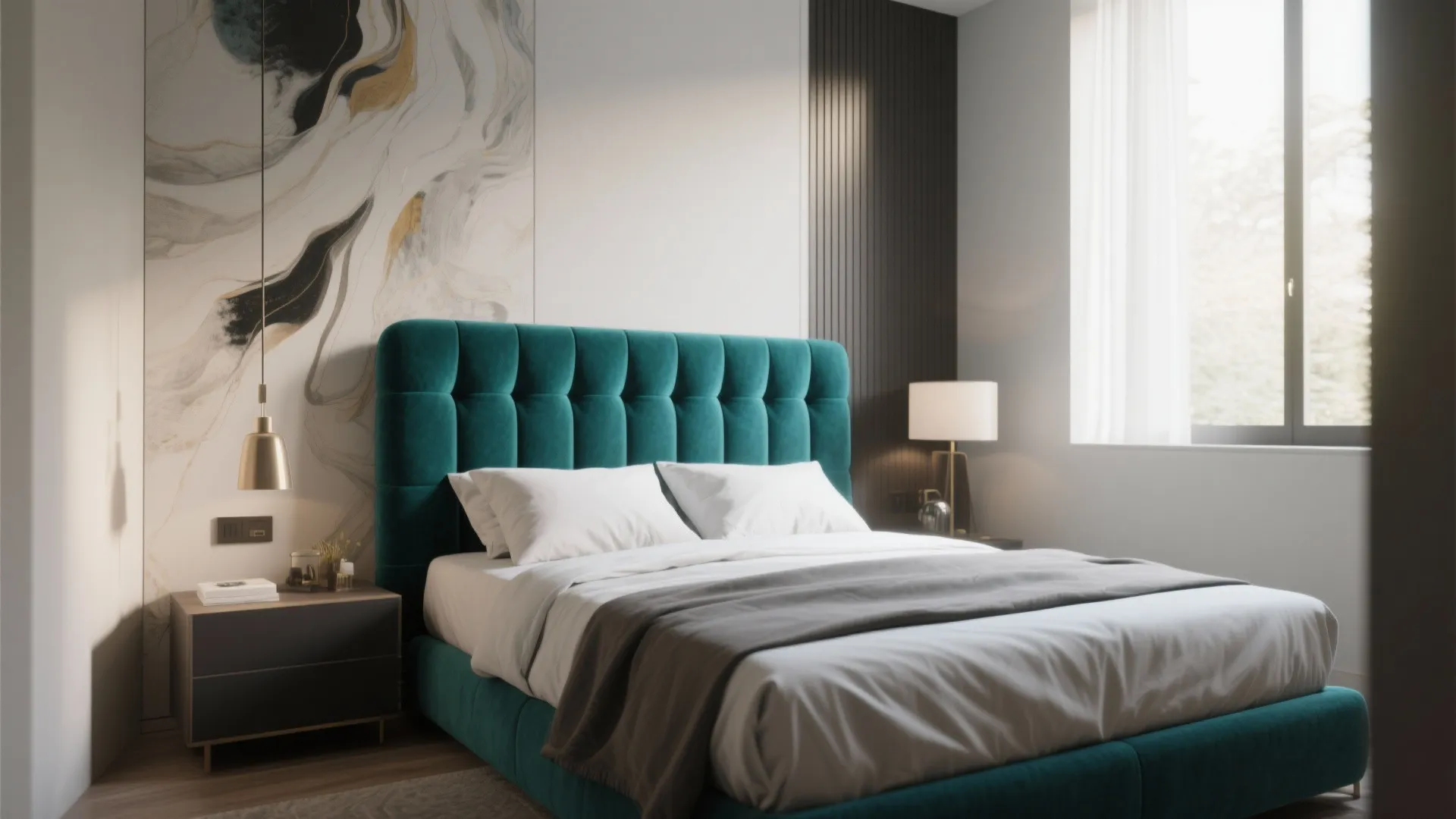 Luxurious bedroom featuring a teal tufted velvet bed white bedding and marble pattern wall panel