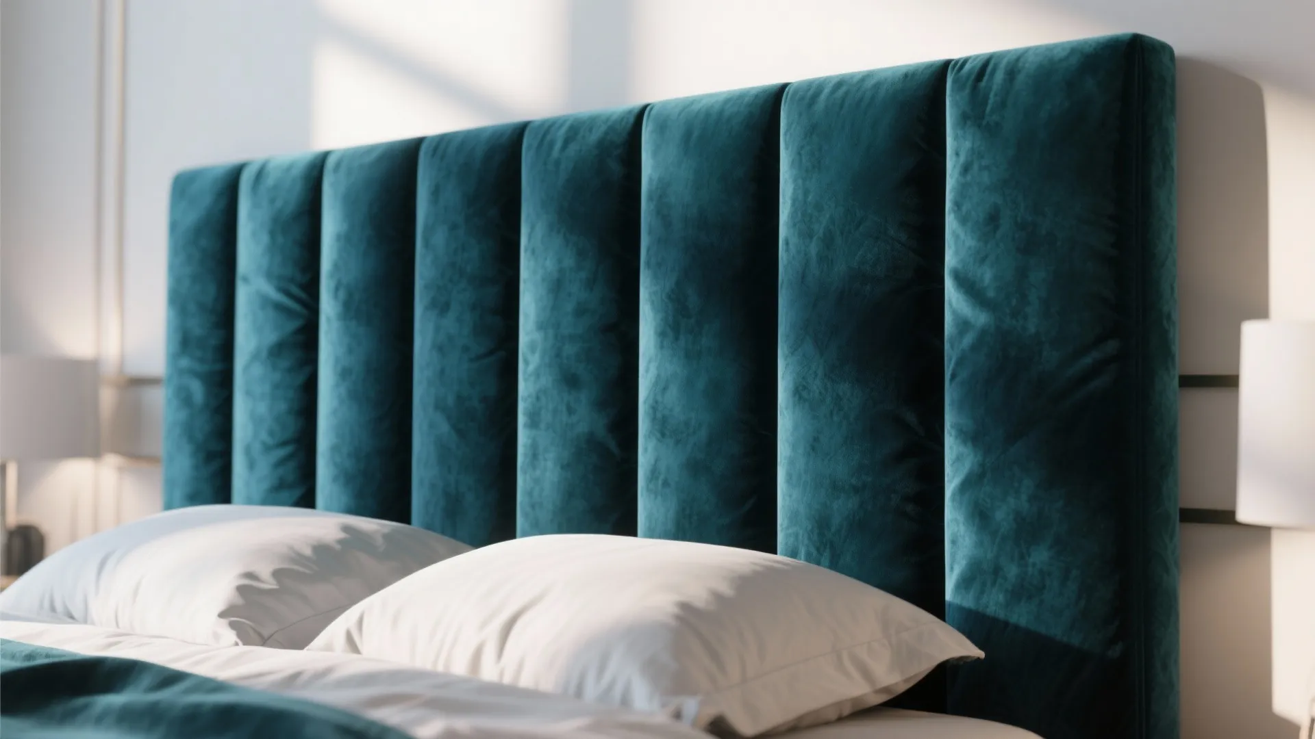 Teal velvet headboard with vertical panels on a comfortable bed with white pillows and sheets