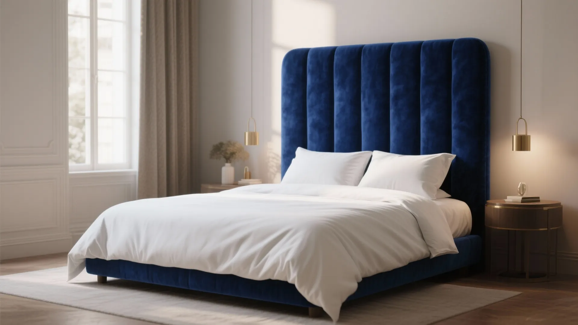 Modern bedroom with a tall blue velvet headboard white bedding and two small wooden tables