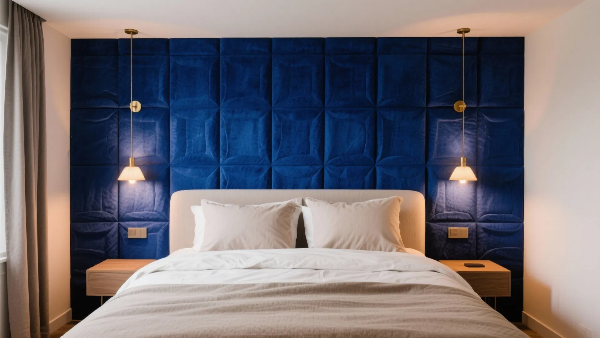 Modern bedroom with blue padded wall panel behind bed and two gold hanging light fixtures