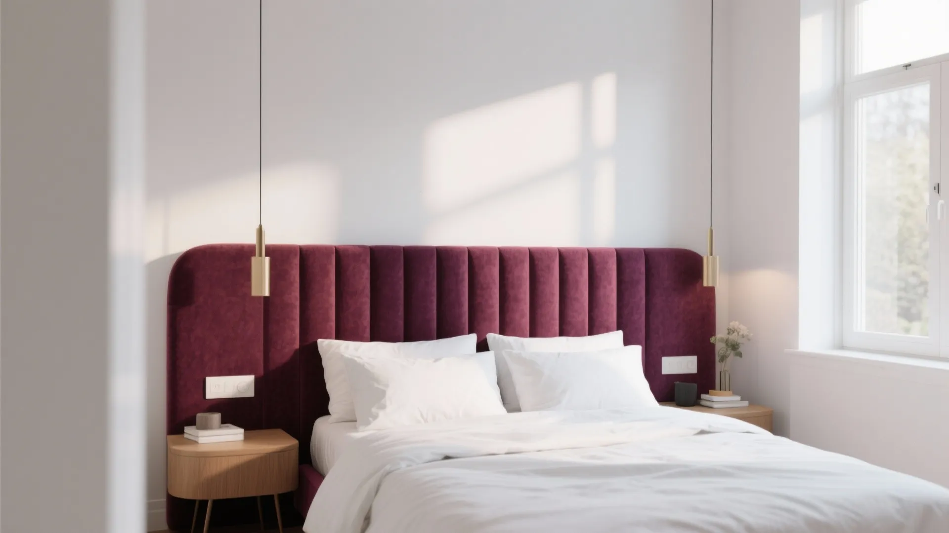 Elegant white bed with a large purple velvet headboard between two wooden bedside side tables