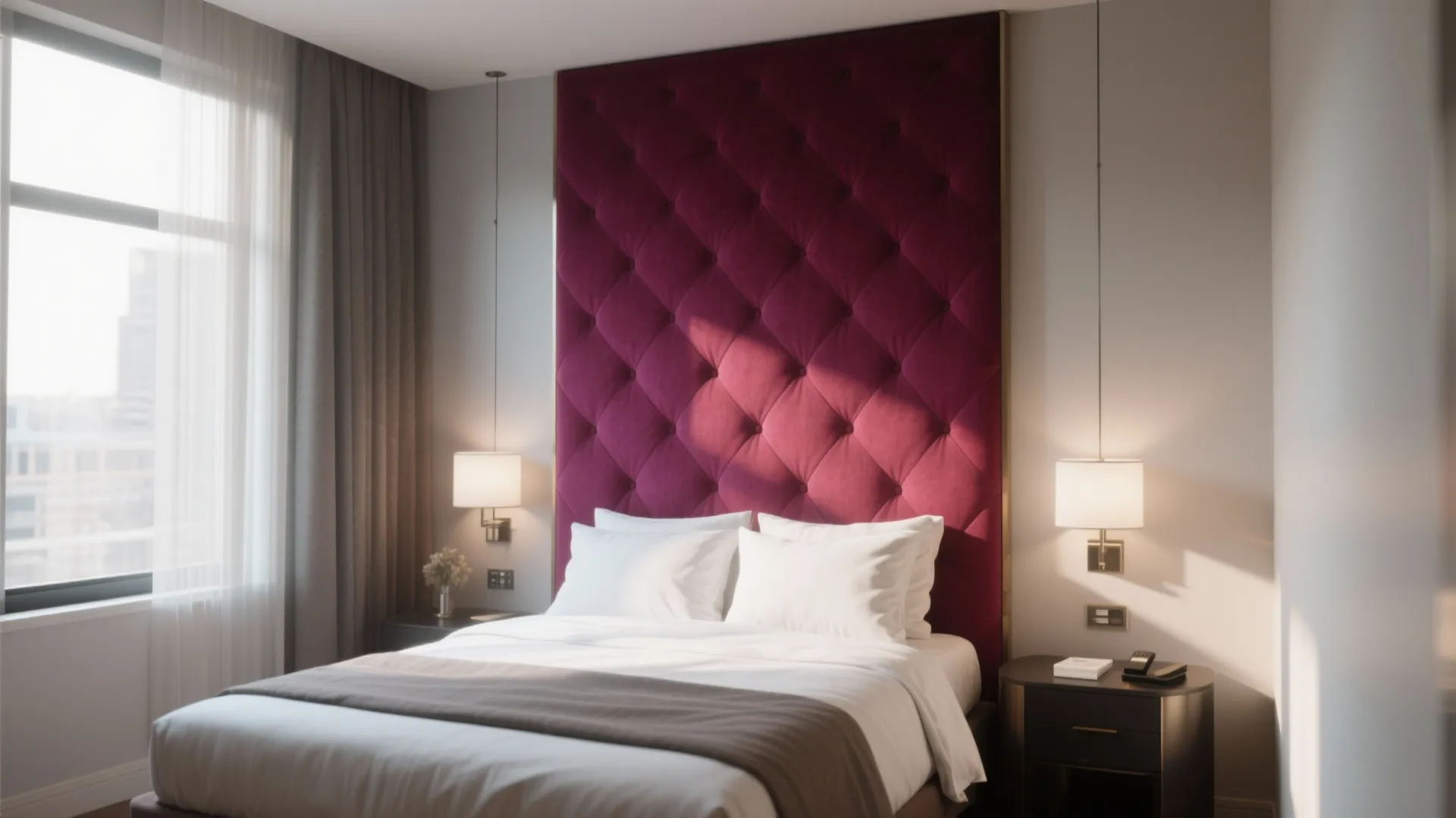 Small bedroom with bold colored statement headboard and light walls