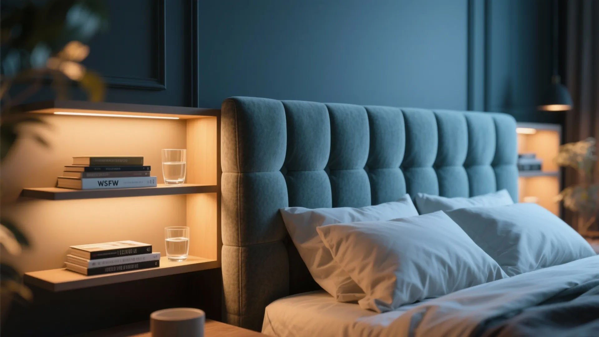 Close up of blue padded headboard with warm built in lights on wooden wall shelves