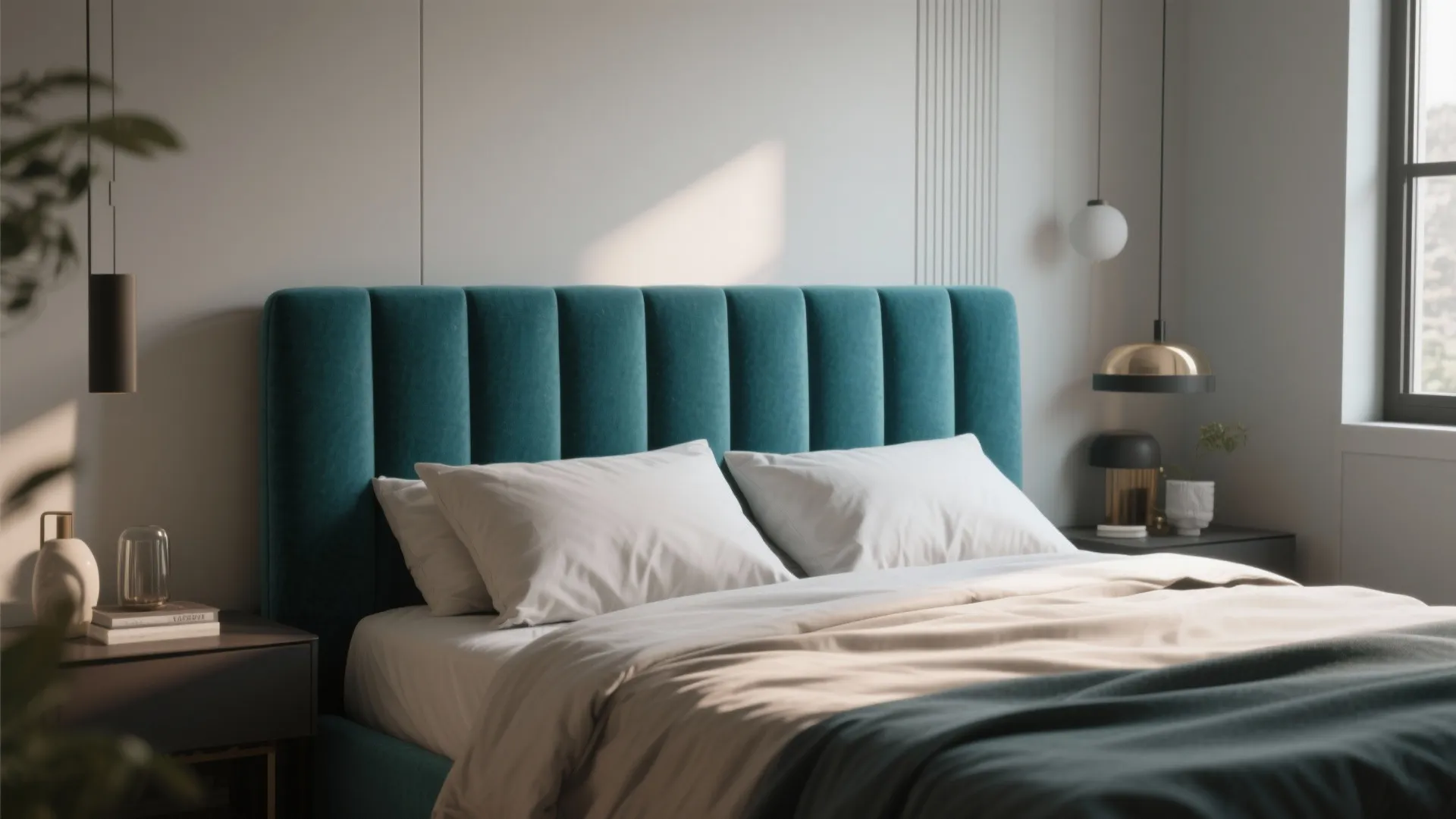 Small bedroom with teal upholstered statement headboard