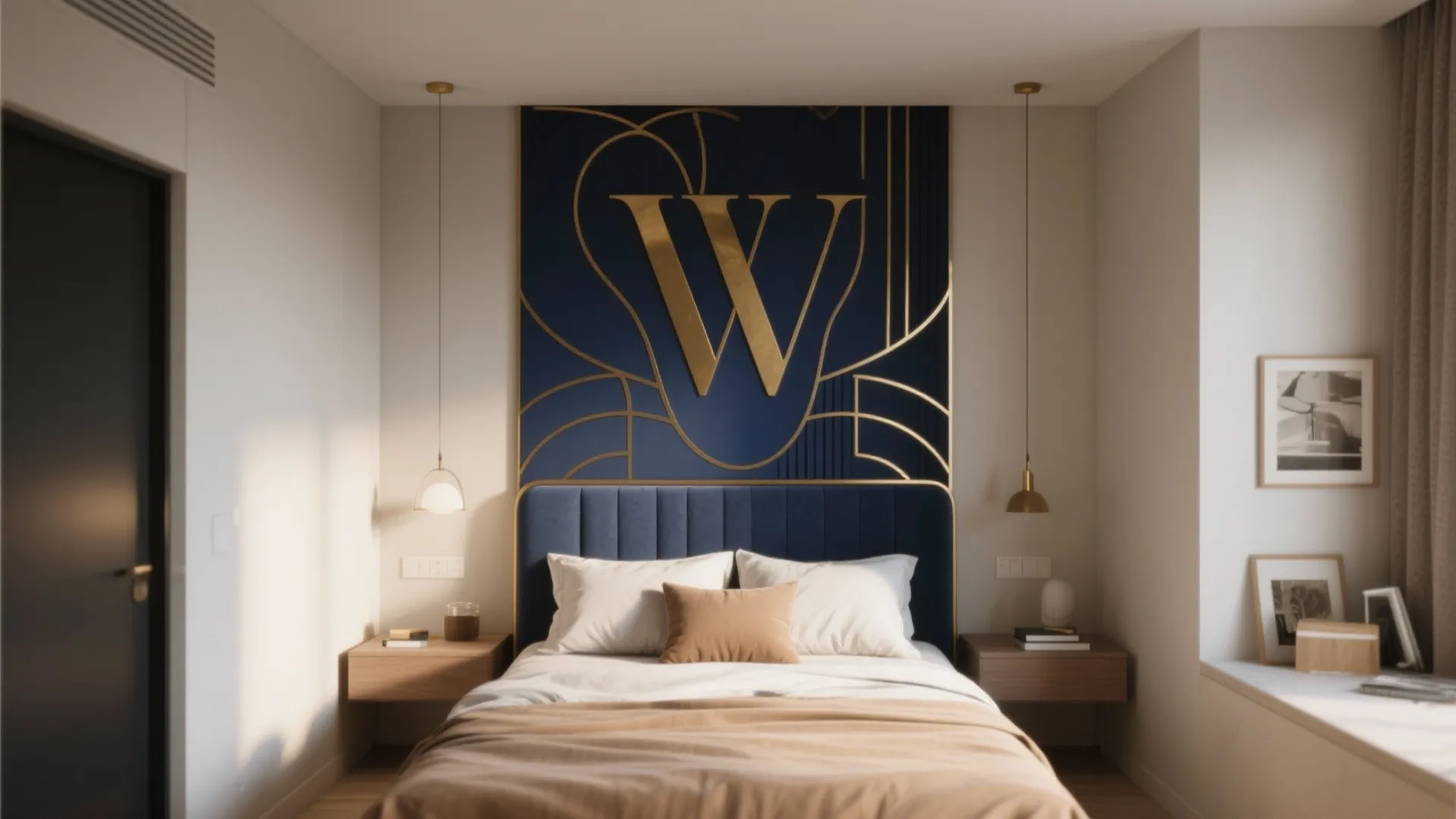 Small bedroom with bold navy and brass headboard