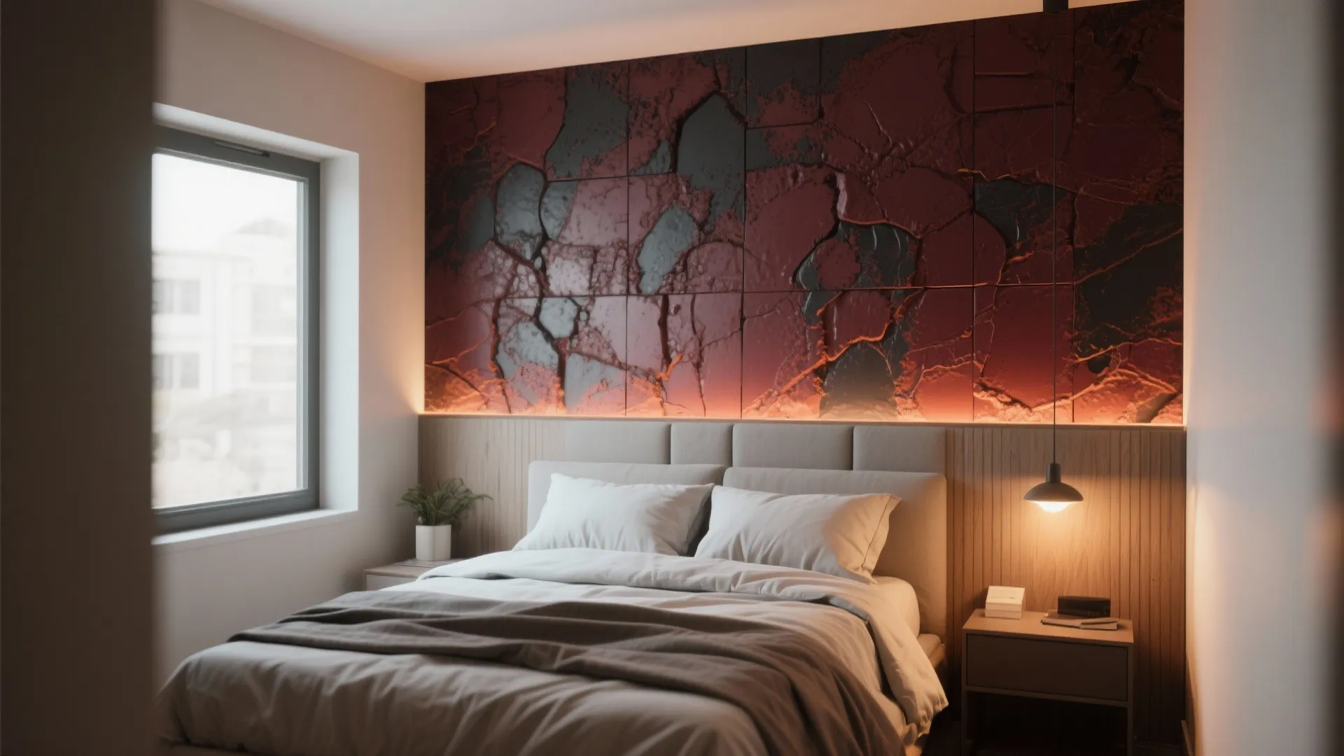 Modern bedroom interior design drawing with textured red wall panel and cozy bed with lighting