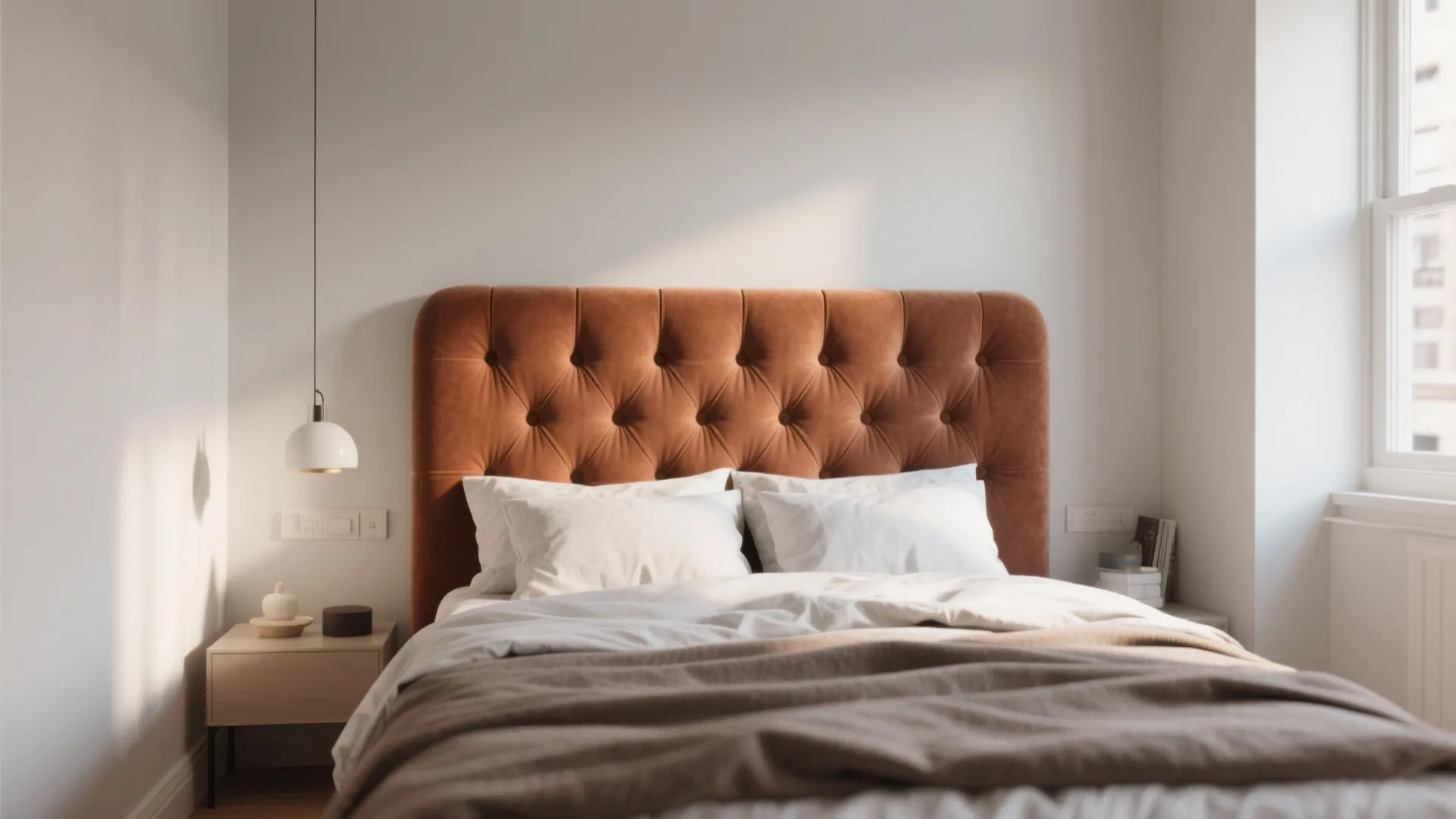 Small bedroom with bold upholstered headboard as focal point