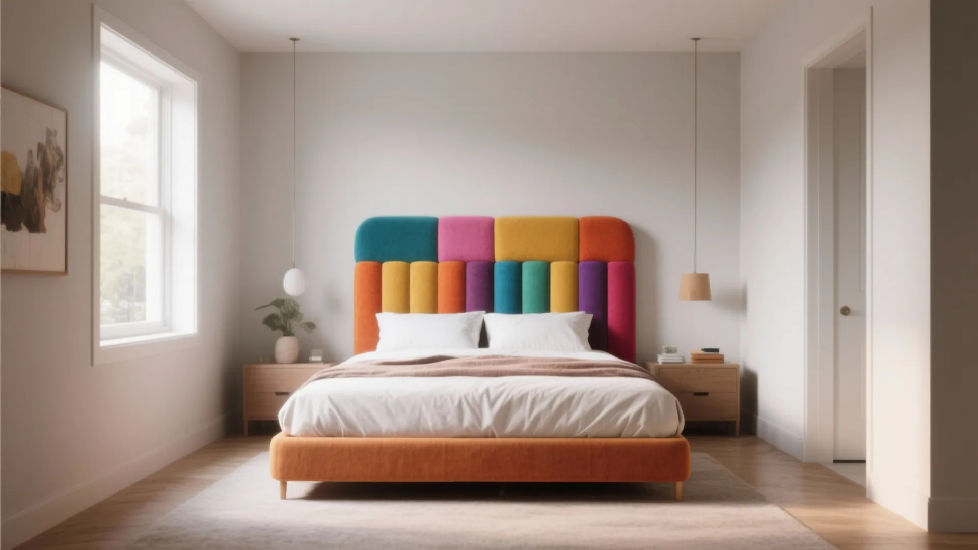 Bright bedroom featuring a colorful striped headboard and white bedding between two wooden side tables