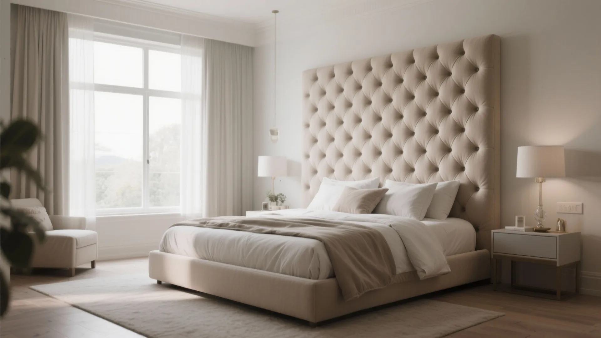 Elegant bedroom featuring a large beige tufted wall panel behind a bed with white bedding