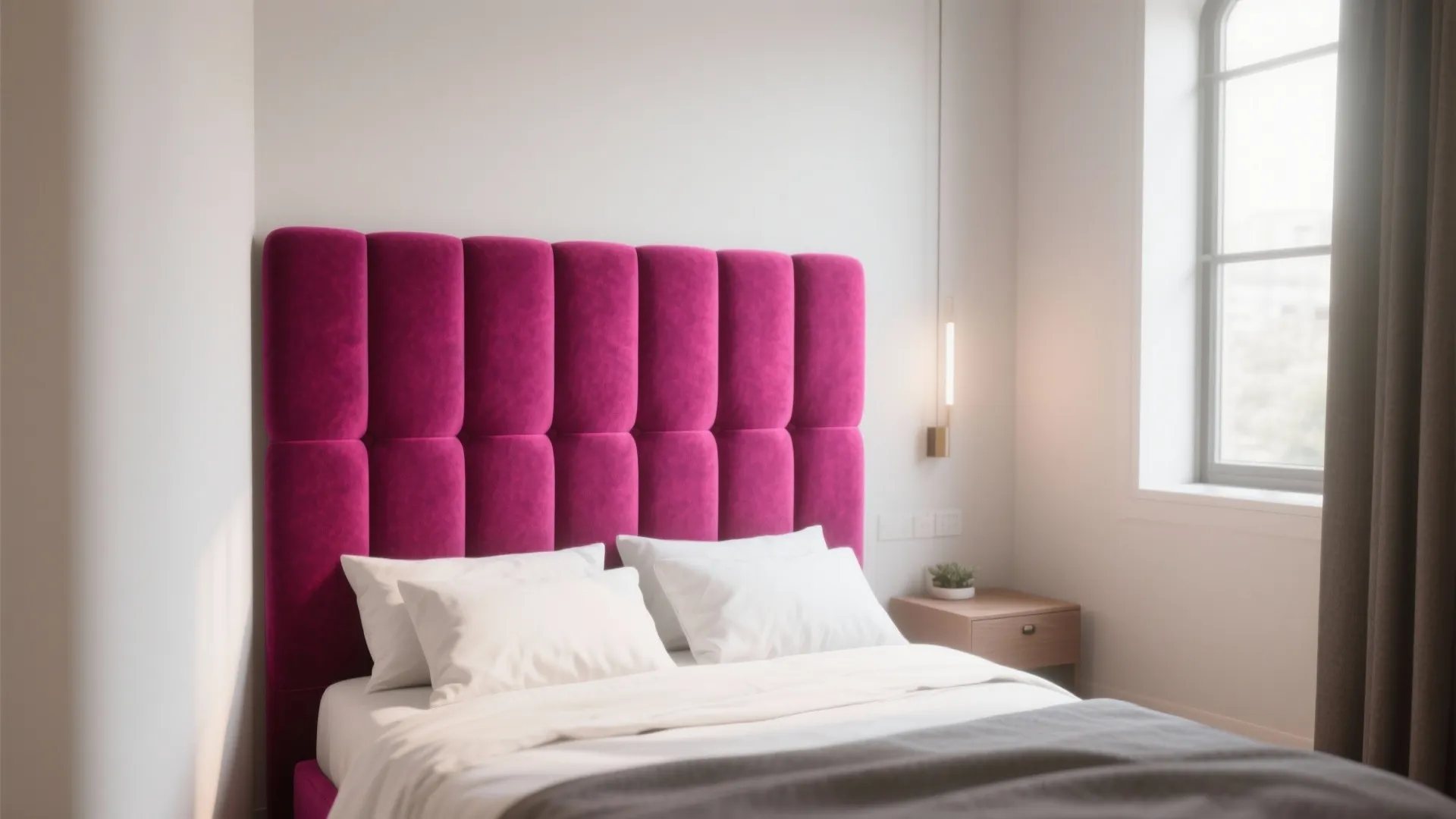 Small bedroom with a bold upholstered statement headboard