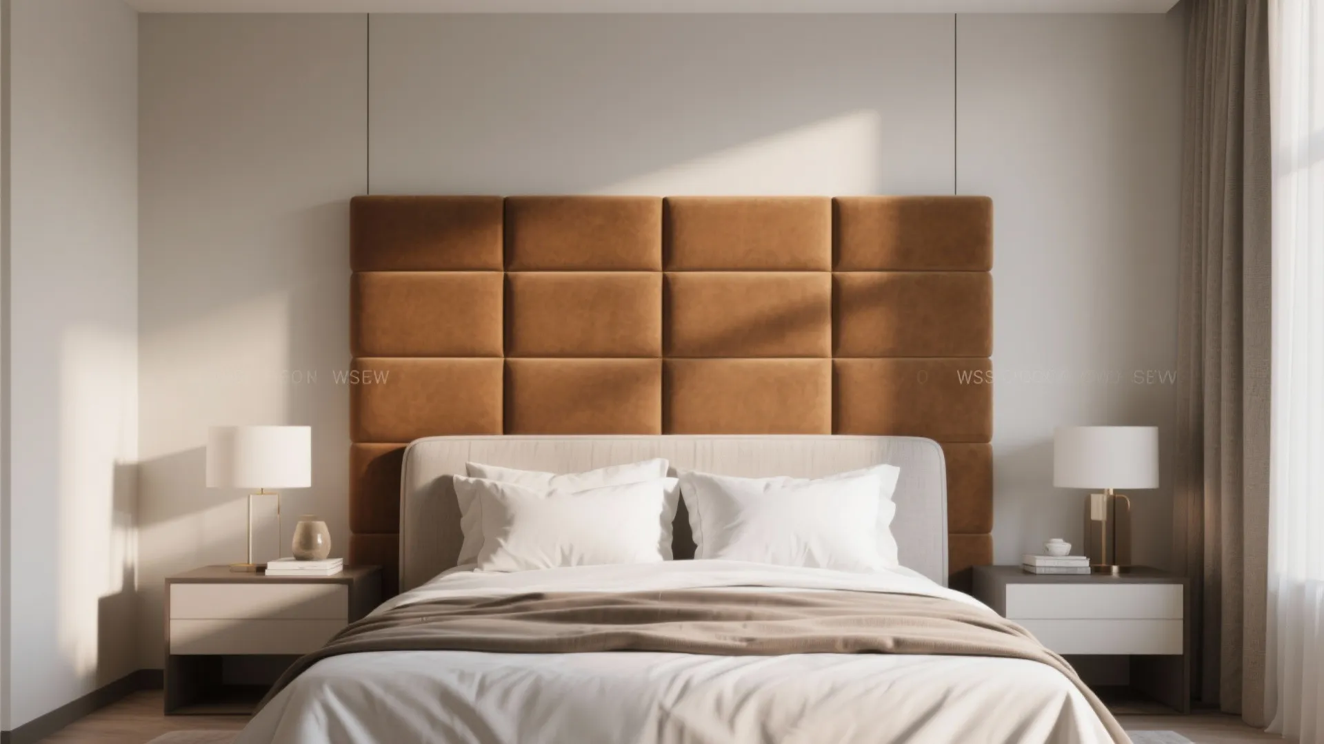Bedroom with bold upholstered headboard wall