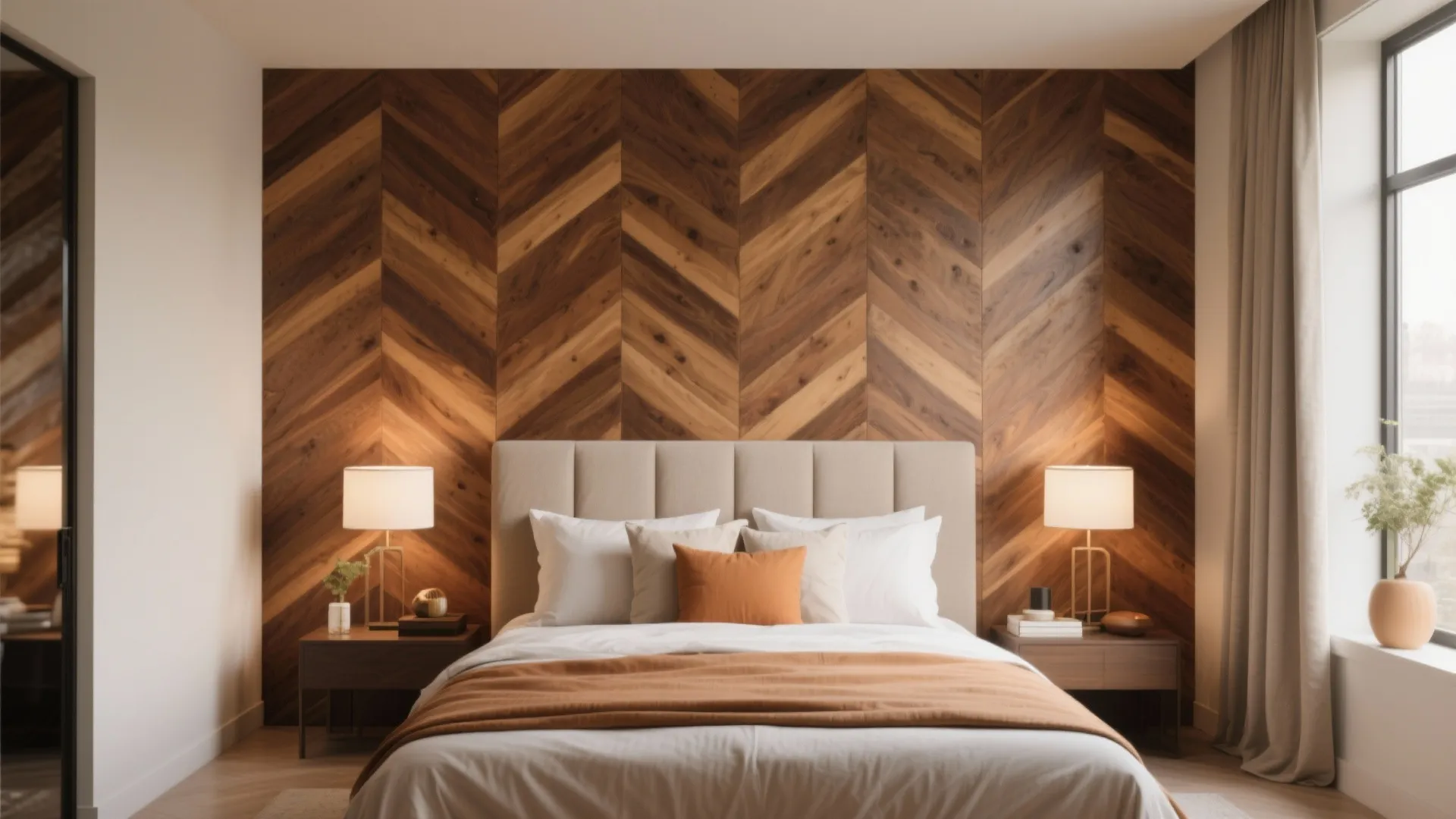 Modern bedroom with wooden chevron wall panel, beige bed, warm table lamps, and neutral curtains