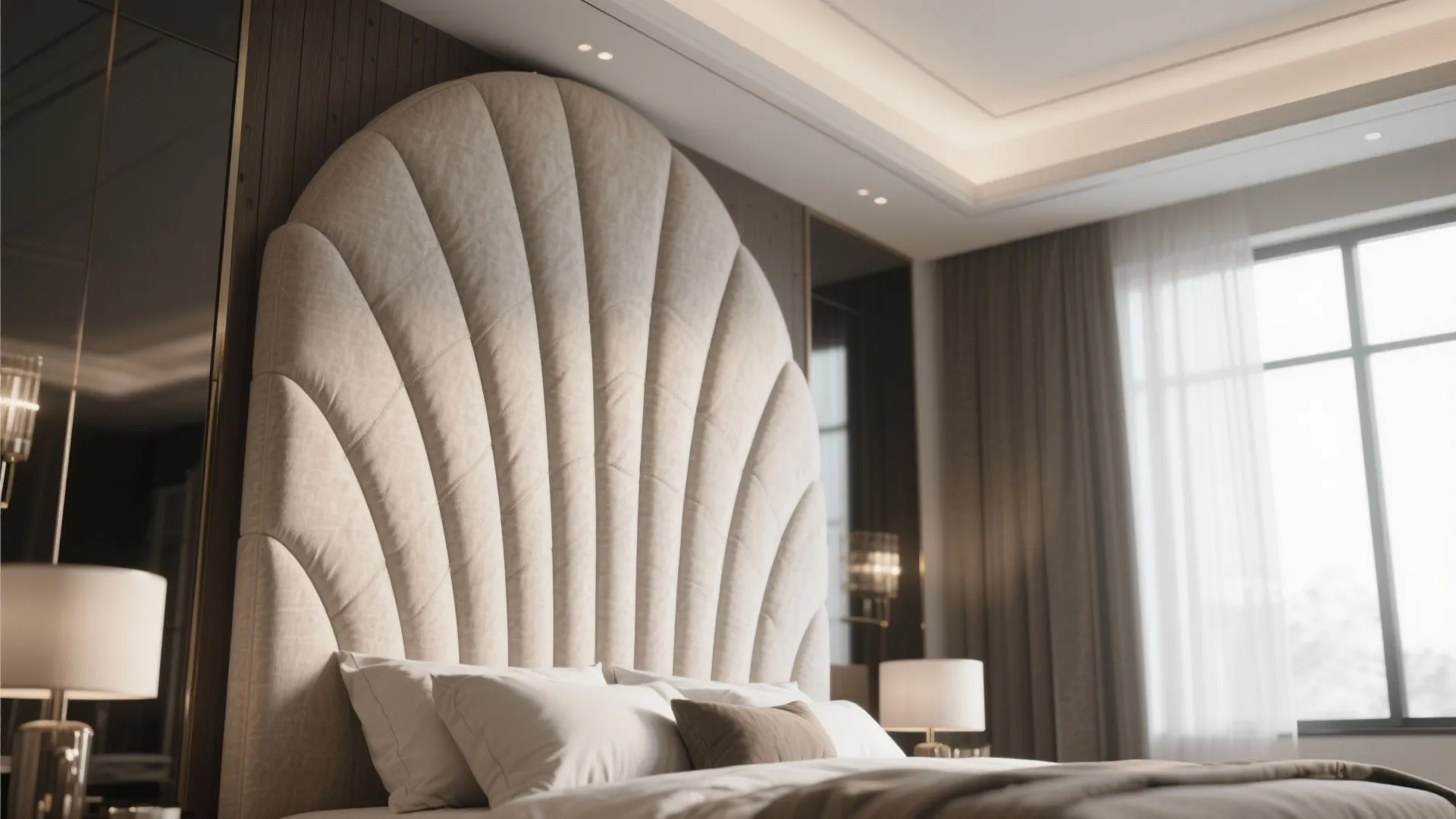 Modern bedroom with unique shell shaped headboard beige pillows warm wall light and grey curtains