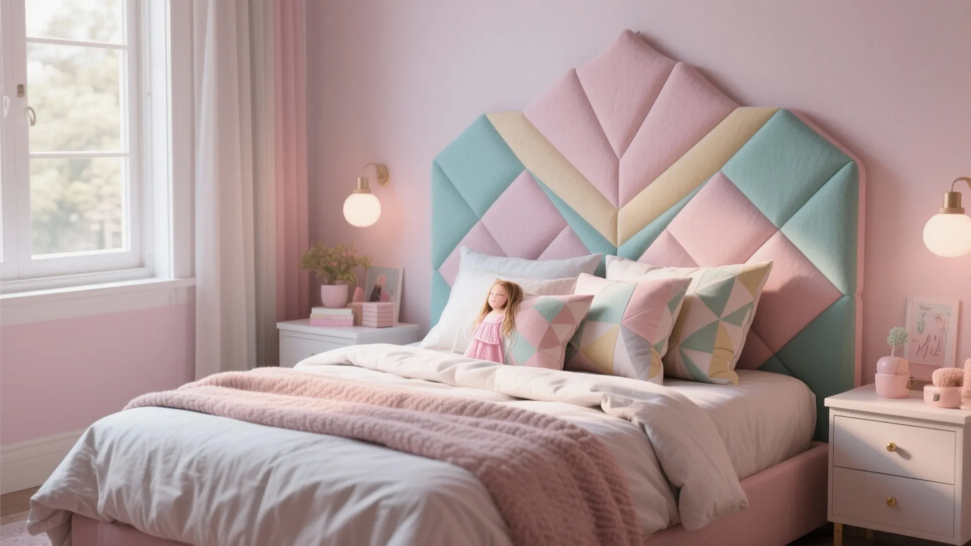 Modern pink bedroom with geometric wall panel headboard round wall lights and white bedside tables