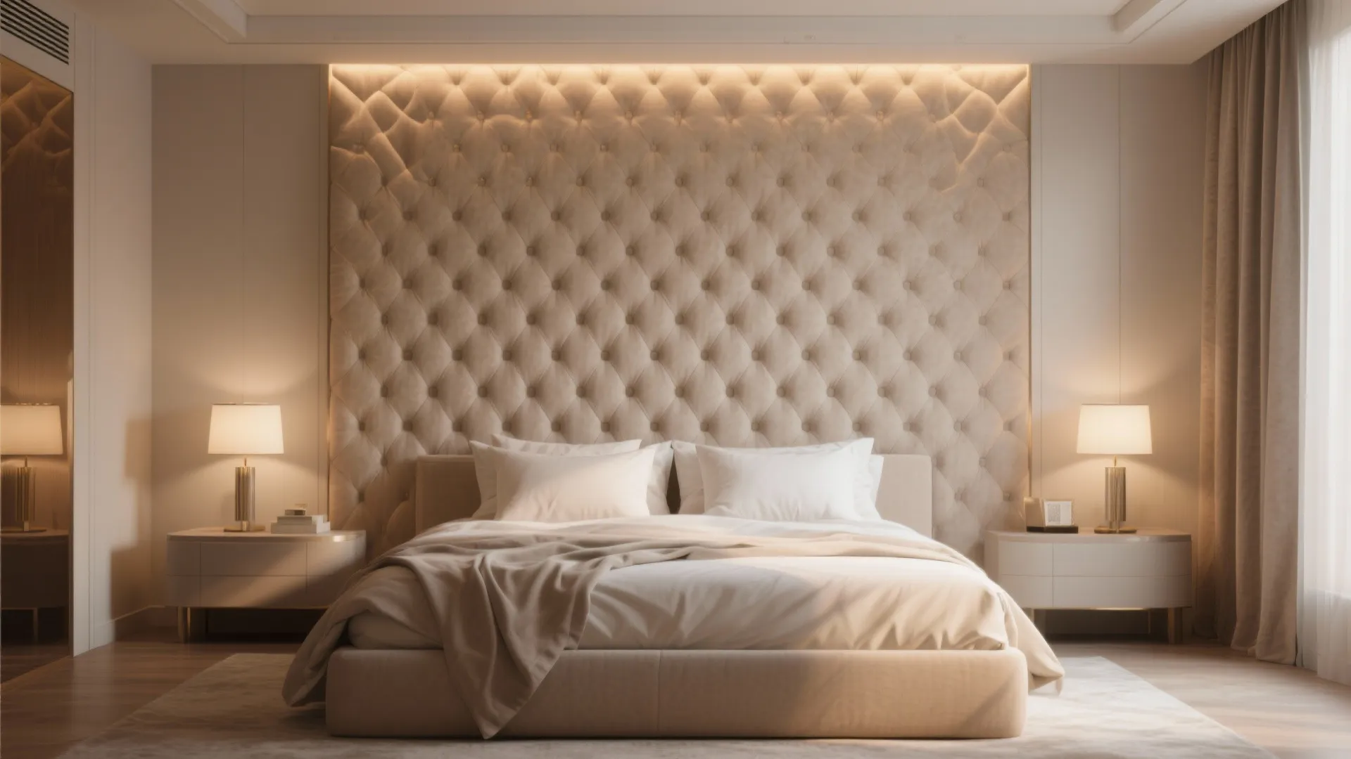 Luxurious upholstered headboard extending to the bedroom ceiling