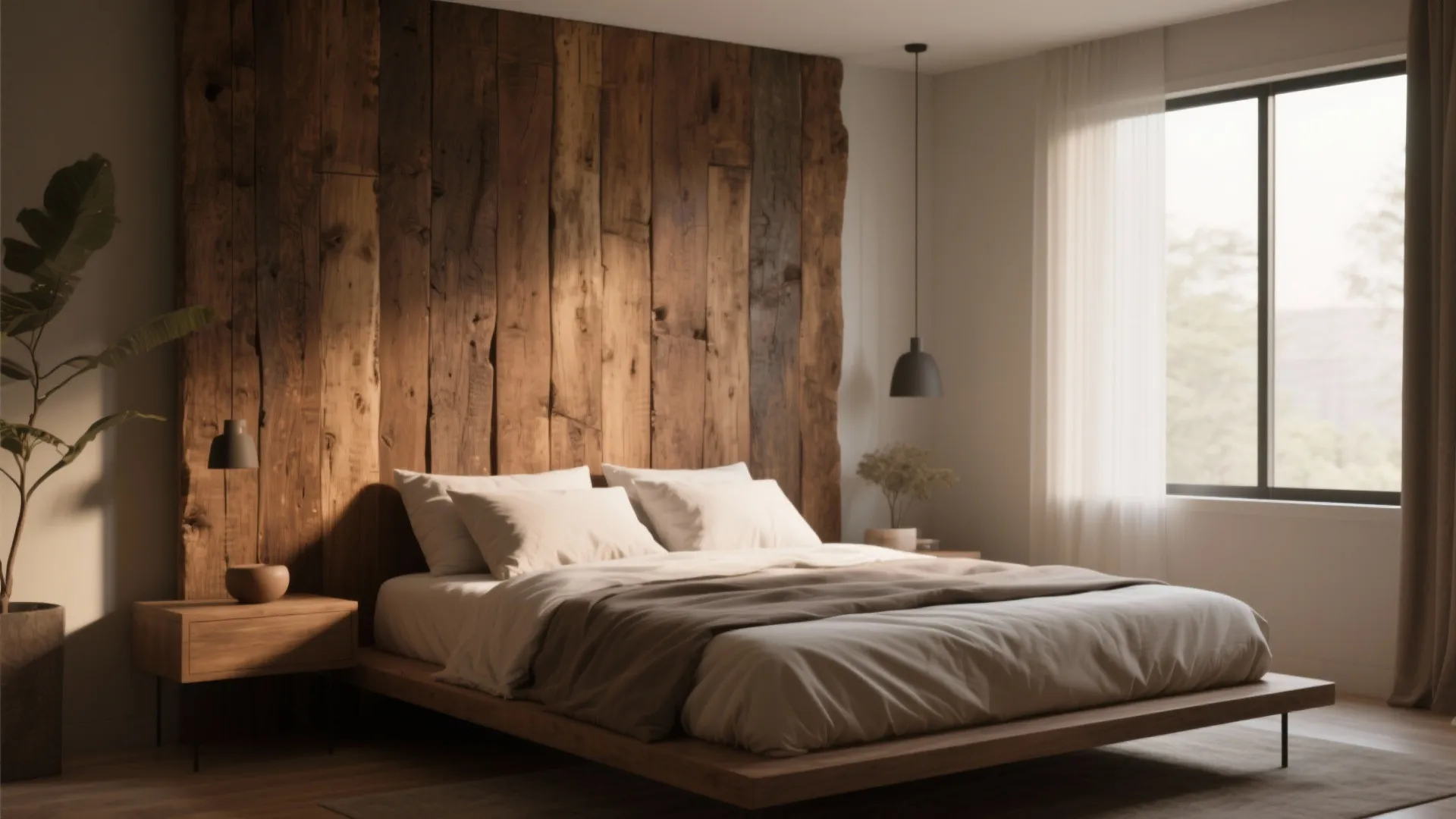 Bedroom with a reclaimed wood headboard and neutral bedding