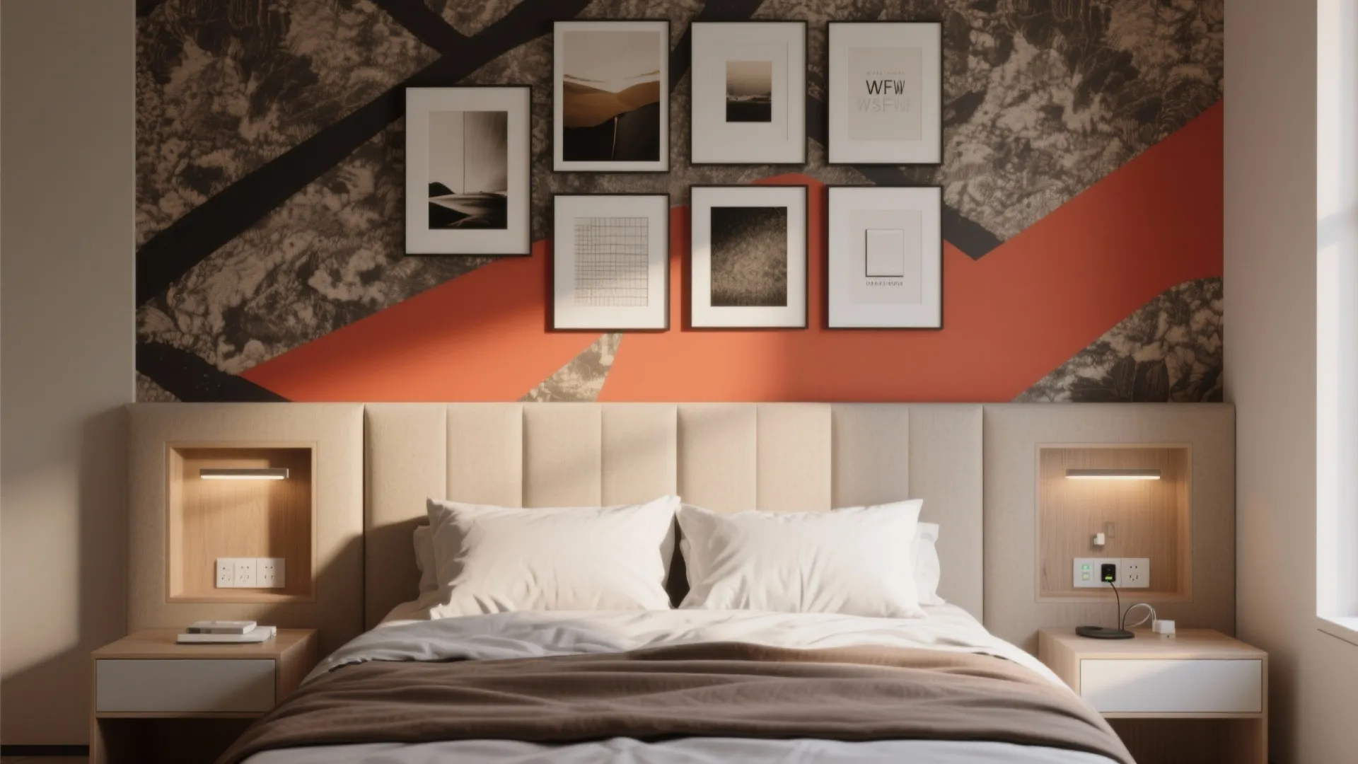 3. Statement headboard and art anchoring the room