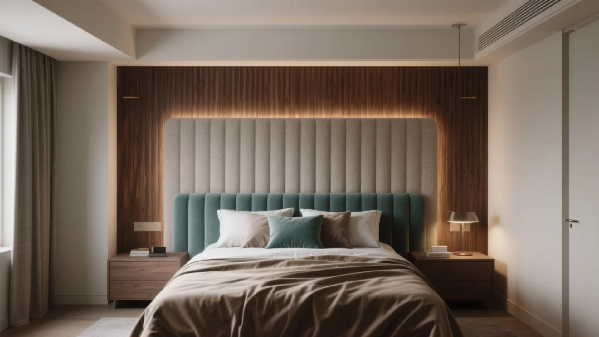Large teal and beige wall panel behind a bed with wooden cabinets and warm lights
