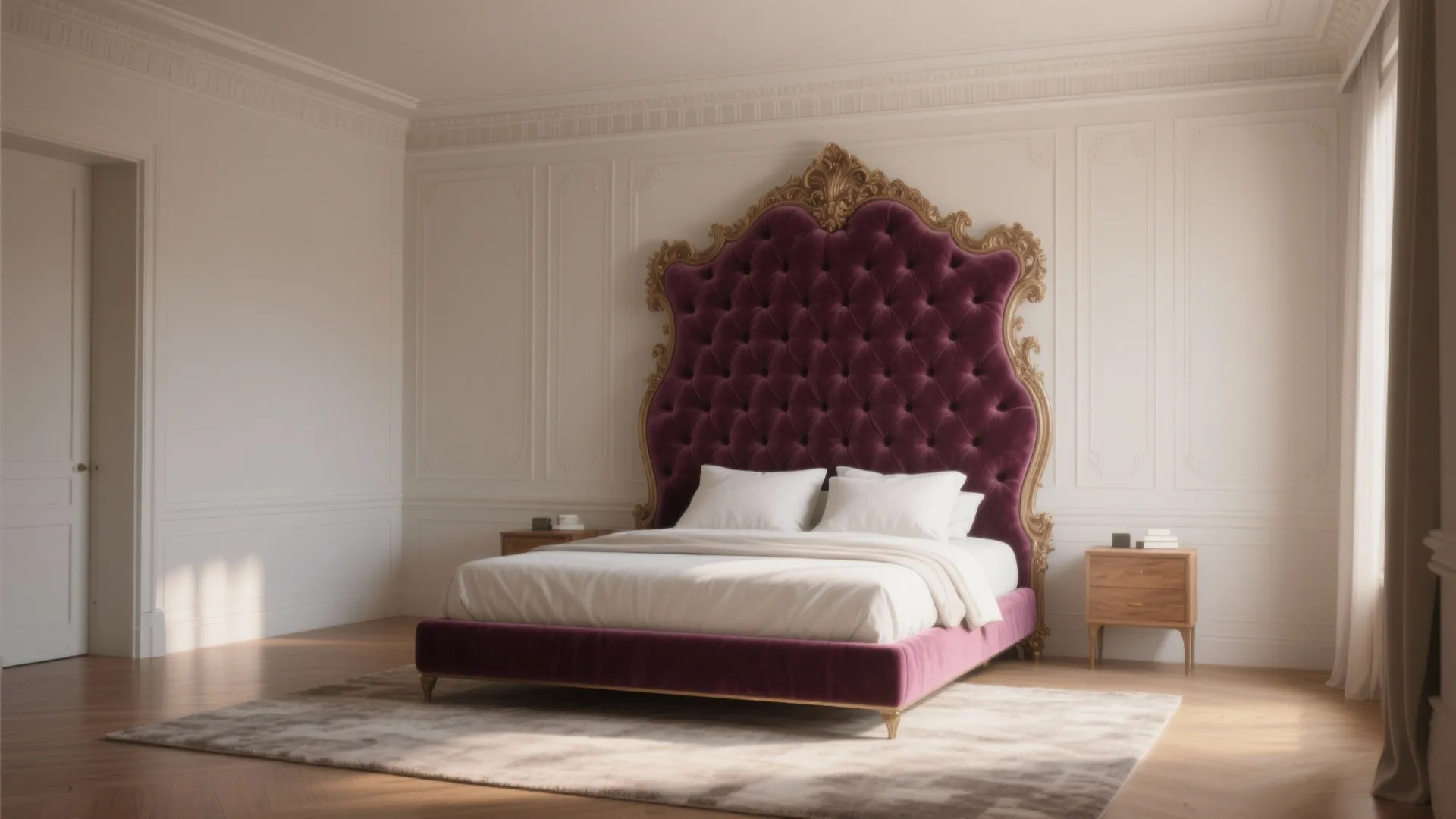 Classic bedroom featuring purple velvet bed with ornate gold headboard white wall panels and rug