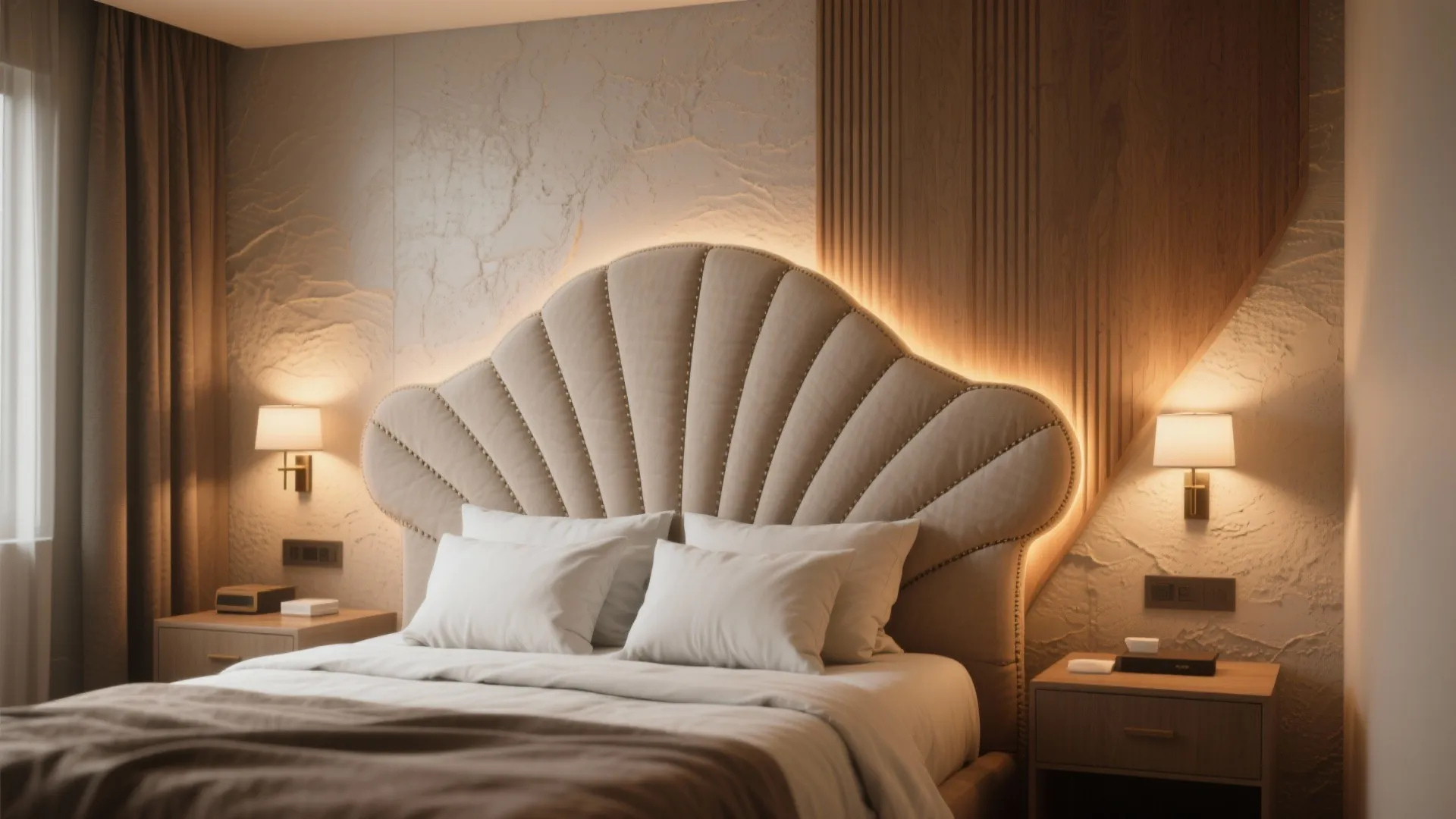 Idea 5: Statement headboard wall with lighting and sculptural elements